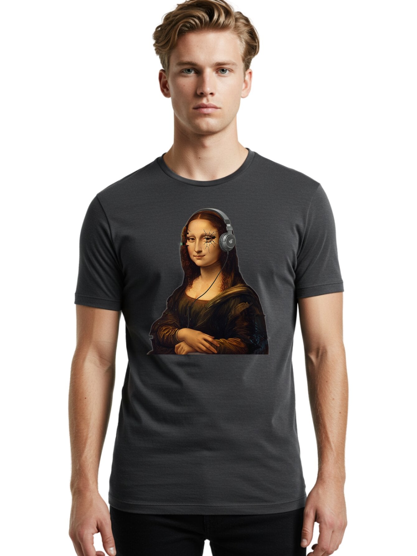 Mona-Lisa-Headphones-2 Men'S Graphic Tee, 100% Cotton, Comfortable Casual Summer Wear, Machine Washable, Vintage Camera, Old Camera, Antique Camera, Black Camera, Classic Photography, Photography Equipment, Nostalgic Device, Film Camera, Bam902 22