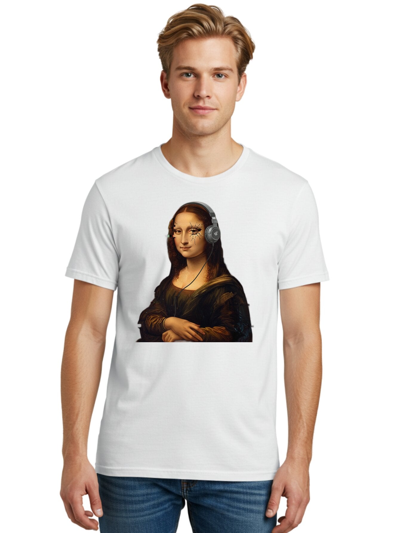 Mona-Lisa-Headphones-2 Men'S Graphic Tee, 100% Cotton, Comfortable Casual Summer Wear, Machine Washable, Vintage Camera, Old Camera, Antique Camera, Black Camera, Classic Photography, Photography Equipment, Nostalgic Device, Film Camera, Bam902 23