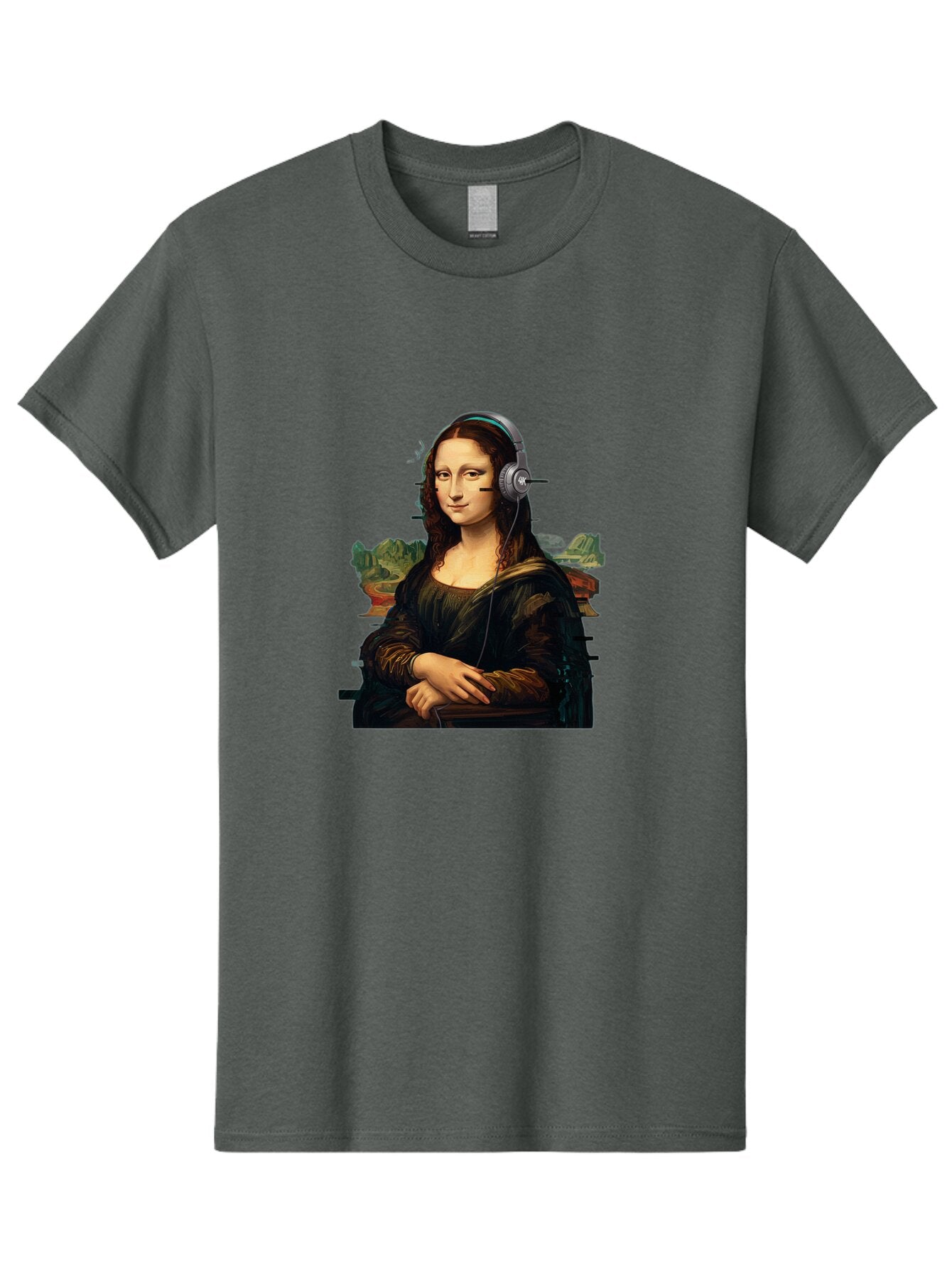 Mona-Lisa-Headphones-3 Men'S Graphic Tee, 100% Cotton, Comfortable Casual Summer Wear, Machine Washable, Vintage Camera, Old Camera, Antique Camera, Black Camera, Classic Photography, Photography Equipment, Nostalgic Device, Film Camera, Bam903