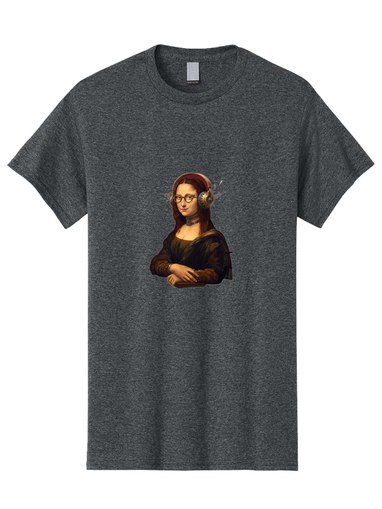 Mona-Lisa-Wearing-Headphones Men'S Graphic Tee, 100% Cotton, Comfortable Casual Summer Wear, Machine Washable, Vintage Camera, Old Camera, Antique Camera, Black Camera, Classic Photography, Photography Equipment, Nostalgic Device, Film Camera, Bam906