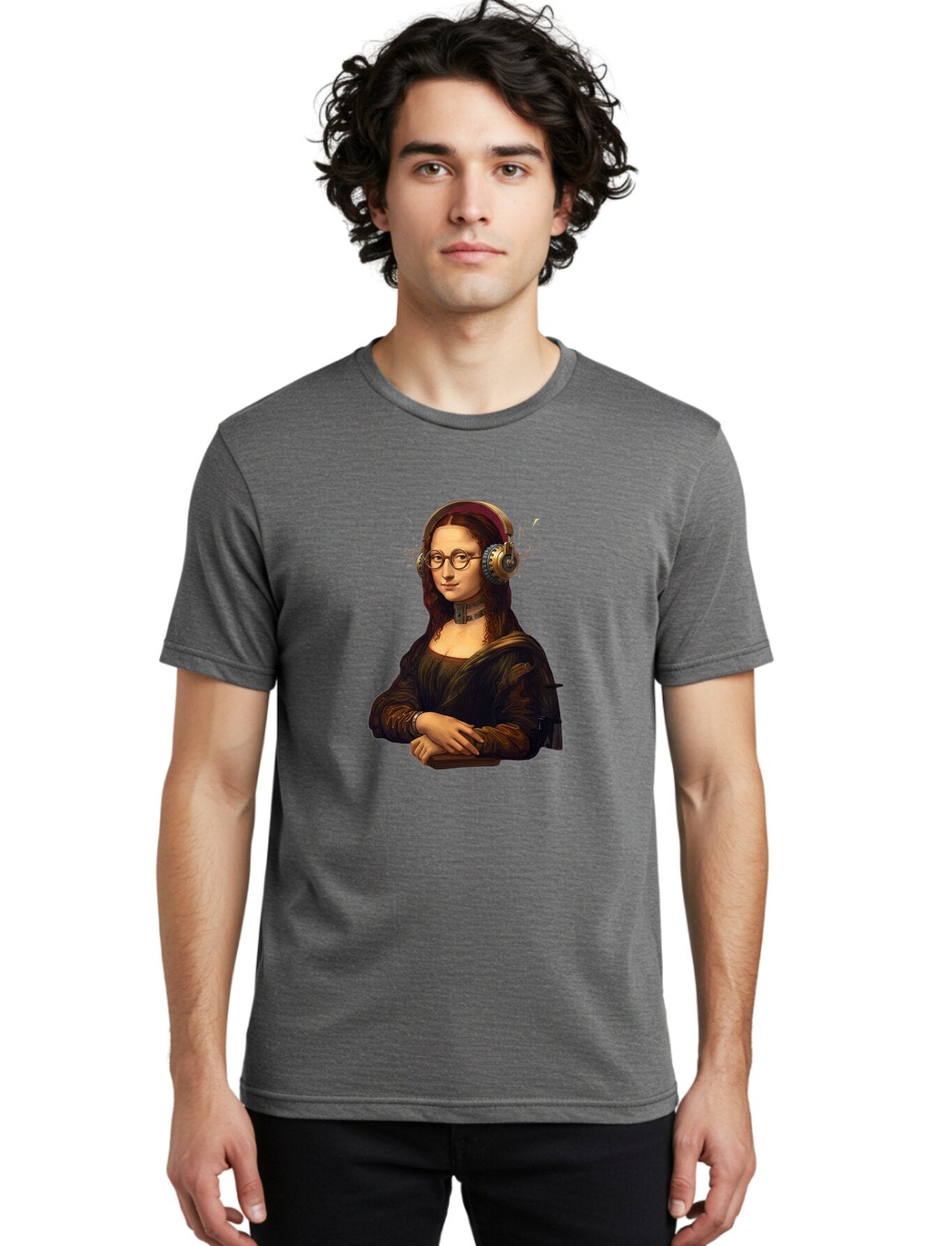 Mona-Lisa-Wearing-Headphones Men'S Graphic Tee, 100% Cotton, Comfortable Casual Summer Wear, Machine Washable, Vintage Camera, Old Camera, Antique Camera, Black Camera, Classic Photography, Photography Equipment, Nostalgic Device, Film Camera, Bam906 24