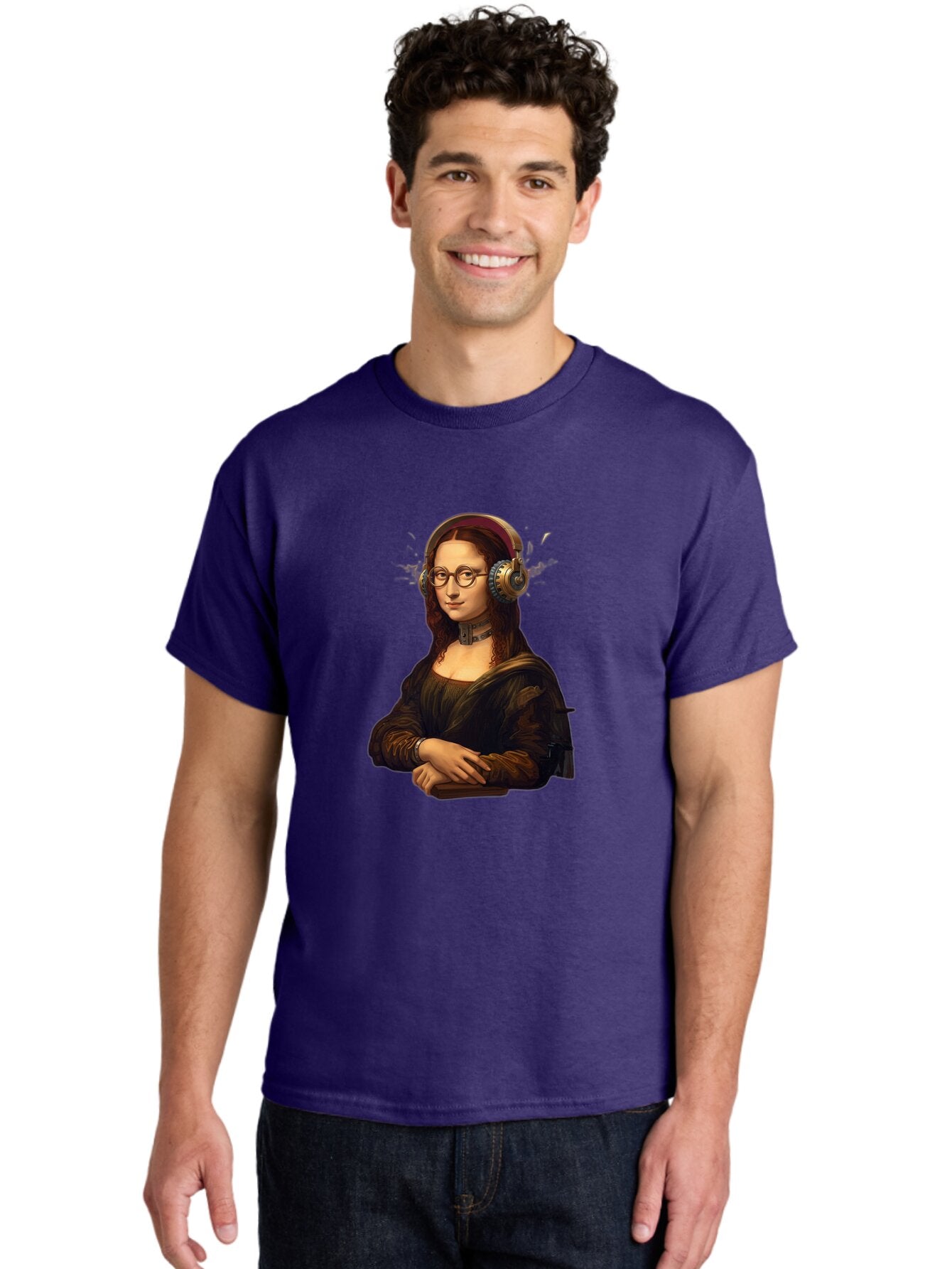 Mona-Lisa-Wearing-Headphones Men'S Graphic Tee, 100% Cotton, Comfortable Casual Summer Wear, Machine Washable, Vintage Camera, Old Camera, Antique Camera, Black Camera, Classic Photography, Photography Equipment, Nostalgic Device, Film Camera, Bam906 29