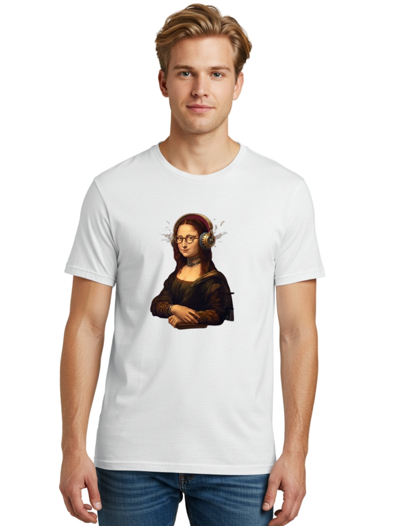 Mona-Lisa-Wearing-Headphones Men'S Graphic Tee, 100% Cotton, Comfortable Casual Summer Wear, Machine Washable, Vintage Camera, Old Camera, Antique Camera, Black Camera, Classic Photography, Photography Equipment, Nostalgic Device, Film Camera, Bam906 25