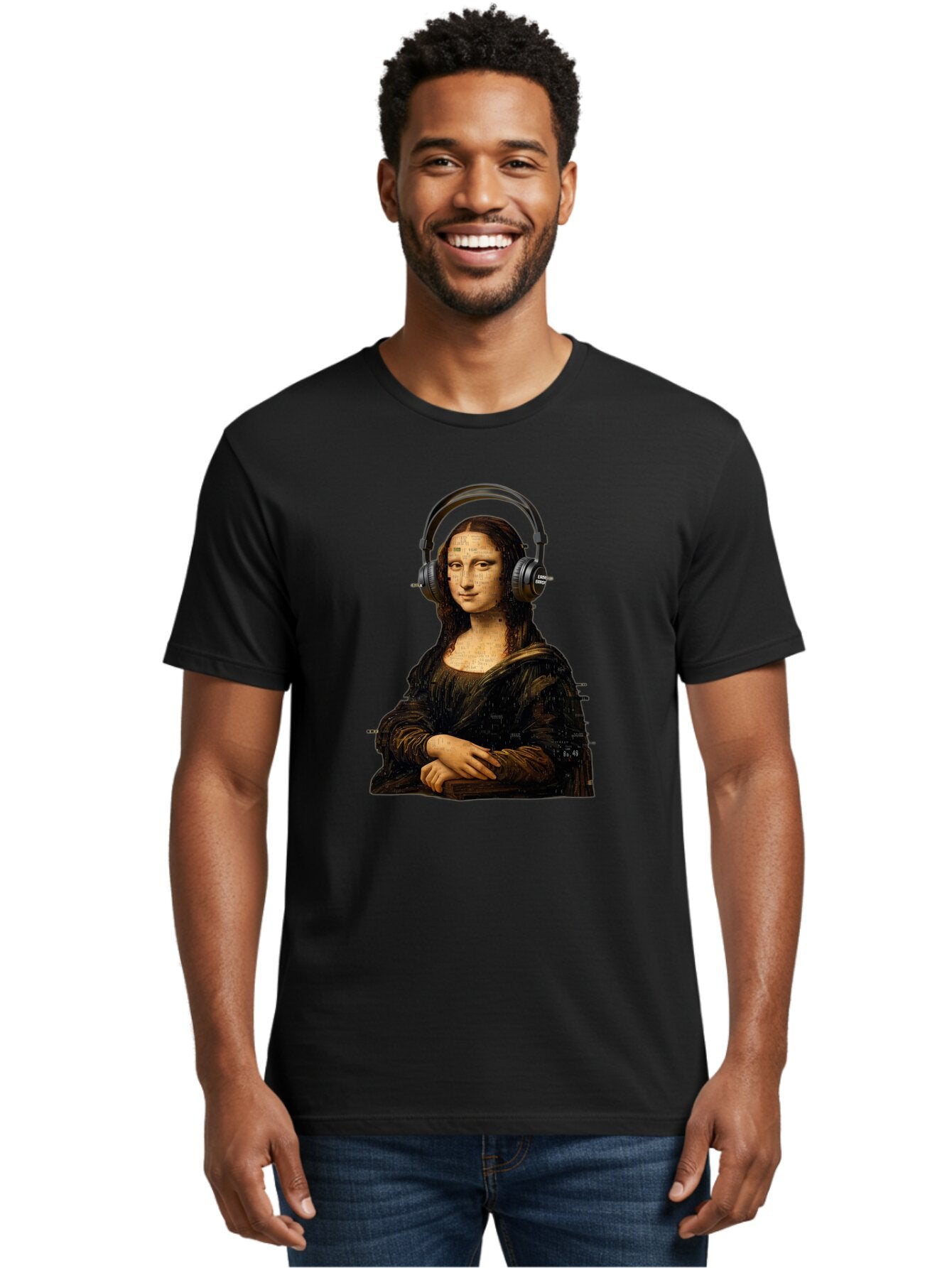 Mona-Lisa-With-Headphones-1 Men'S Graphic Tee, 100% Cotton, Comfortable Casual Summer Wear, Machine Washable, Vintage Camera, Old Camera, Antique Camera, Black Camera, Classic Photography, Photography Equipment, Nostalgic Device, Film Camera, Bam907 29