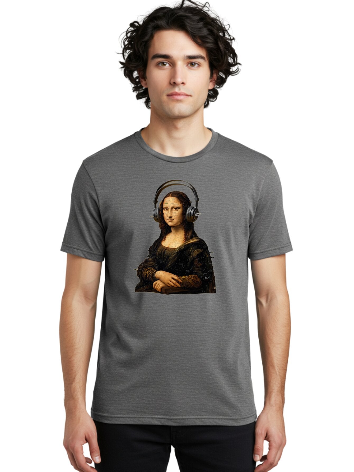 Mona-Lisa-With-Headphones-1 Men'S Graphic Tee, 100% Cotton, Comfortable Casual Summer Wear, Machine Washable, Vintage Camera, Old Camera, Antique Camera, Black Camera, Classic Photography, Photography Equipment, Nostalgic Device, Film Camera, Bam907 22