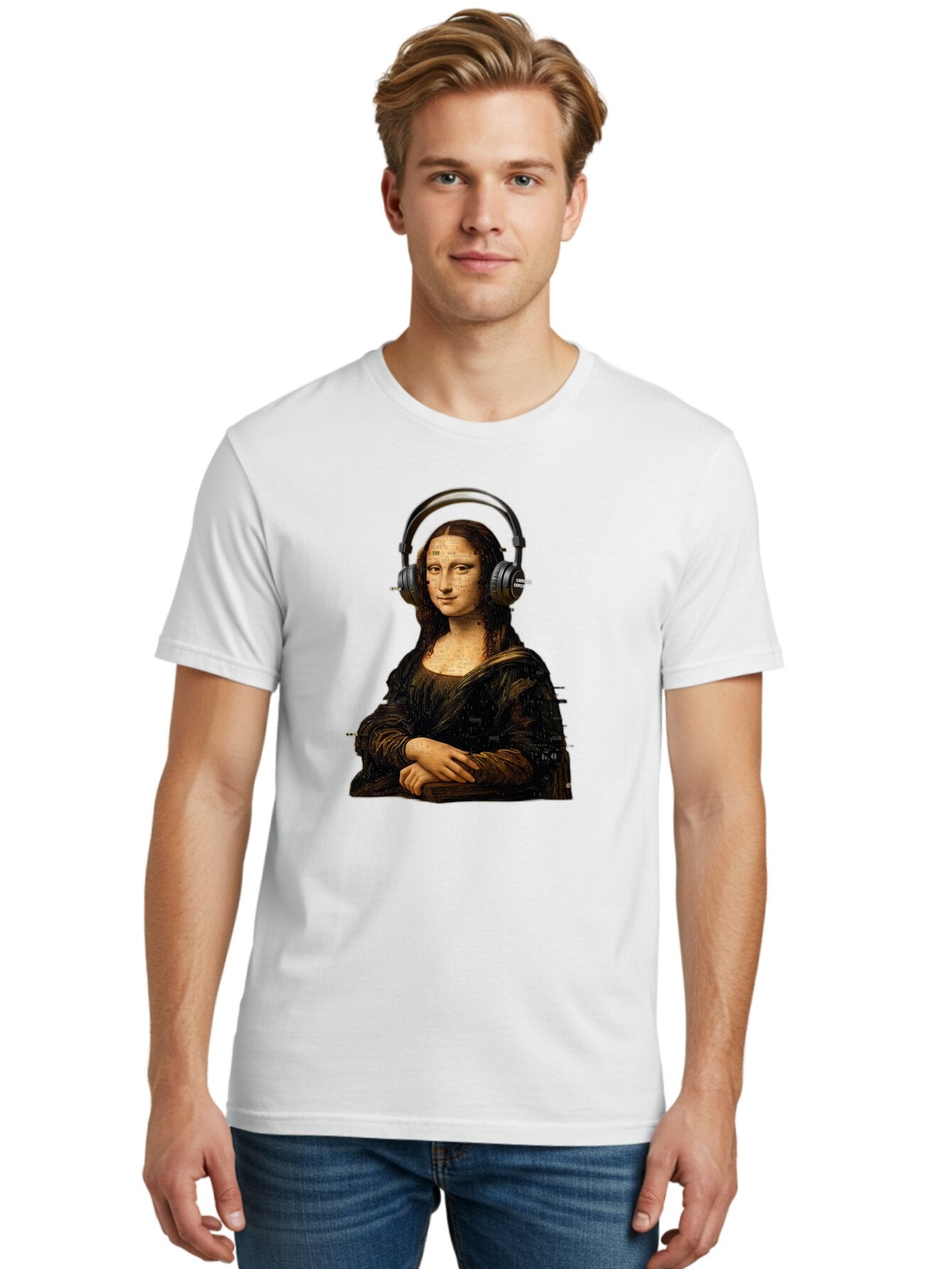 Mona-Lisa-With-Headphones-1 Men'S Graphic Tee, 100% Cotton, Comfortable Casual Summer Wear, Machine Washable, Vintage Camera, Old Camera, Antique Camera, Black Camera, Classic Photography, Photography Equipment, Nostalgic Device, Film Camera, Bam907 26