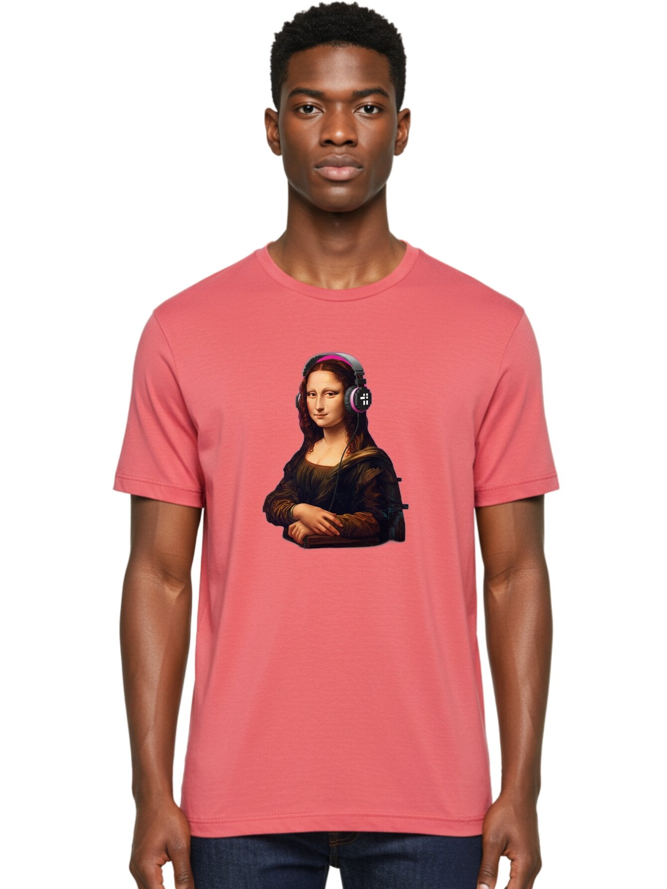 Mona-Lisa-With-Headphones-2 Men'S Graphic Tee, 100% Cotton, Comfortable Casual Summer Wear, Machine Washable, Vintage Camera, Old Camera, Antique Camera, Black Camera, Classic Photography, Photography Equipment, Nostalgic Device, Film Camera, Bam908 24