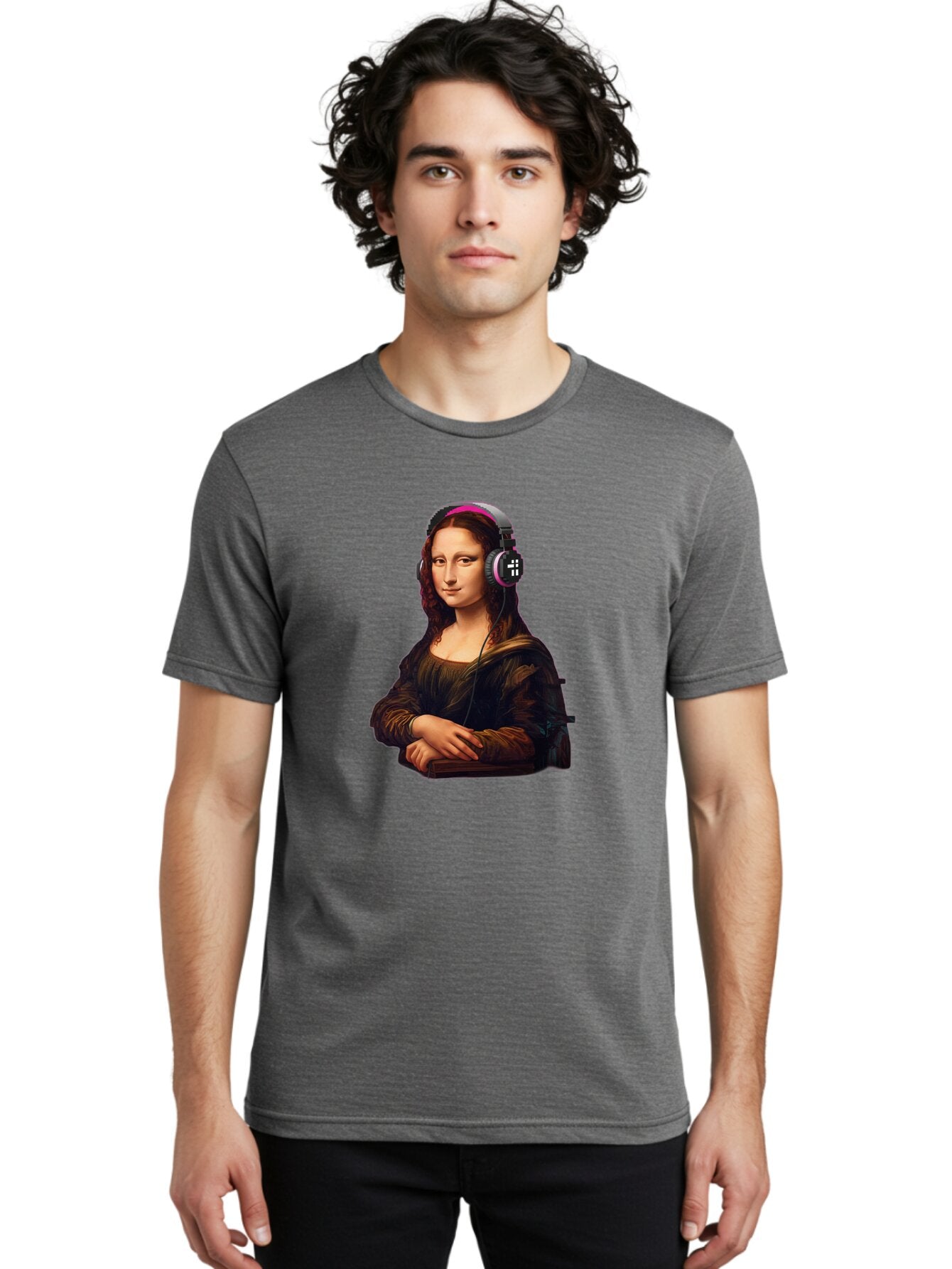 Mona-Lisa-With-Headphones-2 Men'S Graphic Tee, 100% Cotton, Comfortable Casual Summer Wear, Machine Washable, Vintage Camera, Old Camera, Antique Camera, Black Camera, Classic Photography, Photography Equipment, Nostalgic Device, Film Camera, Bam908 28