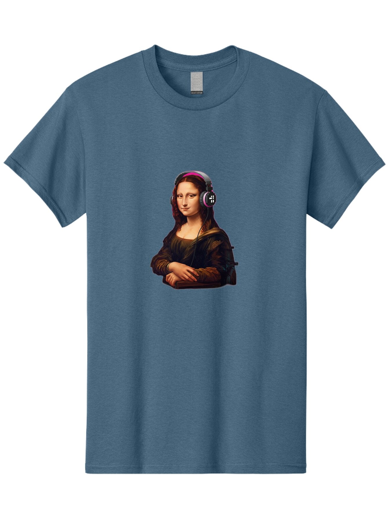 Mona-Lisa-With-Headphones-2 Men'S Graphic Tee, 100% Cotton, Comfortable Casual Summer Wear, Machine Washable, Vintage Camera, Old Camera, Antique Camera, Black Camera, Classic Photography, Photography Equipment, Nostalgic Device, Film Camera, Bam908 11