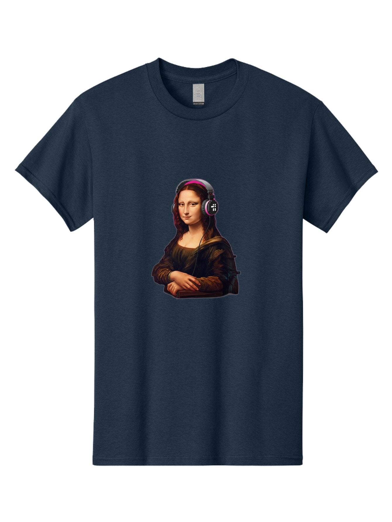 Mona-Lisa-With-Headphones-2 Men'S Graphic Tee, 100% Cotton, Comfortable Casual Summer Wear, Machine Washable, Vintage Camera, Old Camera, Antique Camera, Black Camera, Classic Photography, Photography Equipment, Nostalgic Device, Film Camera, Bam908 13