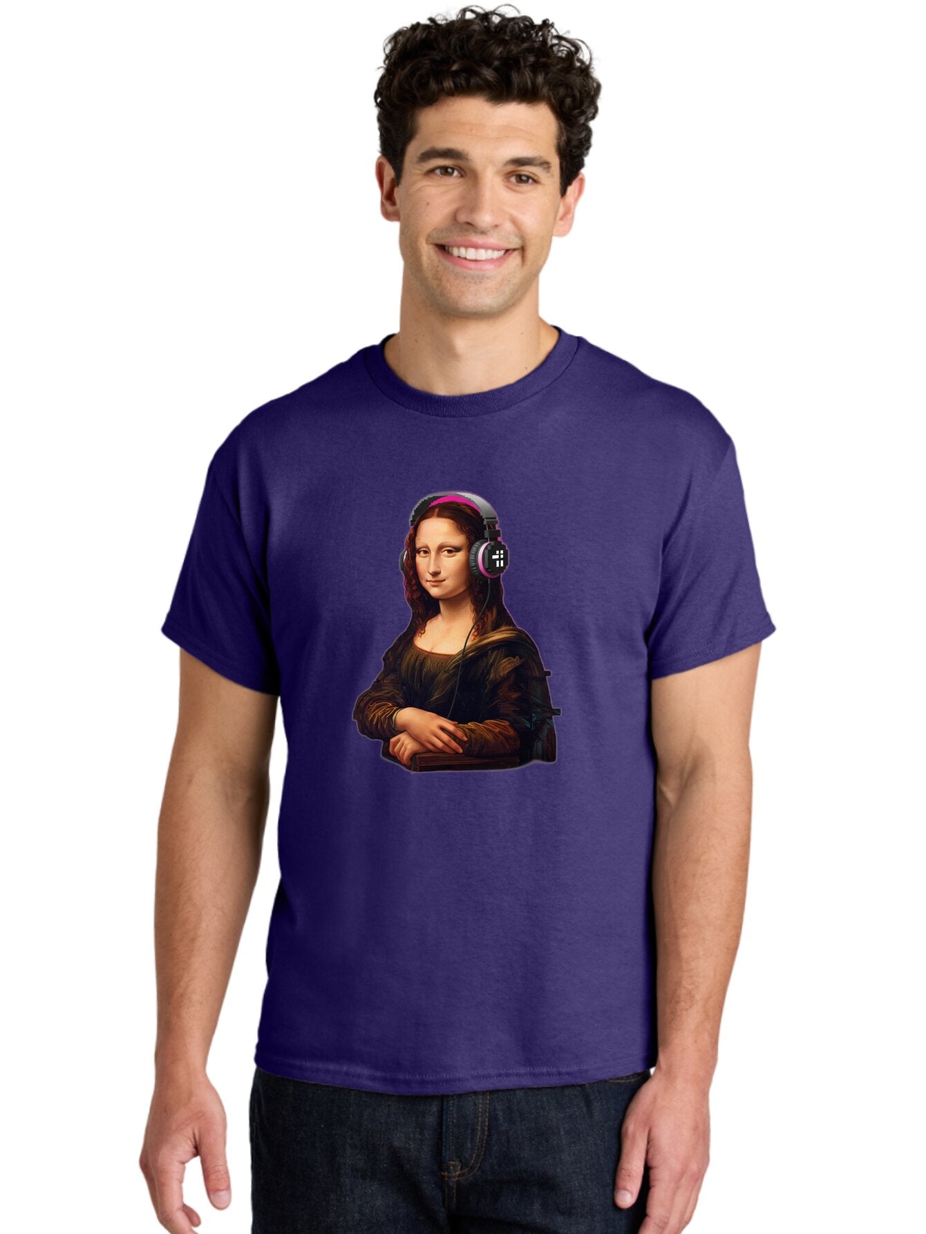 Mona-Lisa-With-Headphones-2 Men'S Graphic Tee, 100% Cotton, Comfortable Casual Summer Wear, Machine Washable, Vintage Camera, Old Camera, Antique Camera, Black Camera, Classic Photography, Photography Equipment, Nostalgic Device, Film Camera, Bam908 25