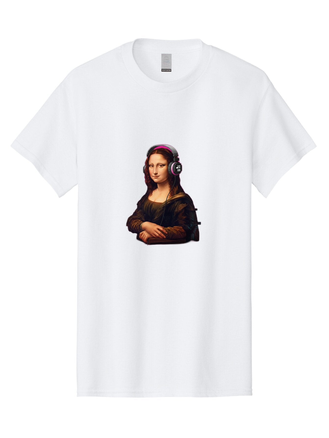 Mona-Lisa-With-Headphones-2 Men'S Graphic Tee, 100% Cotton, Comfortable Casual Summer Wear, Machine Washable, Vintage Camera, Old Camera, Antique Camera, Black Camera, Classic Photography, Photography Equipment, Nostalgic Device, Film Camera, Bam908 14
