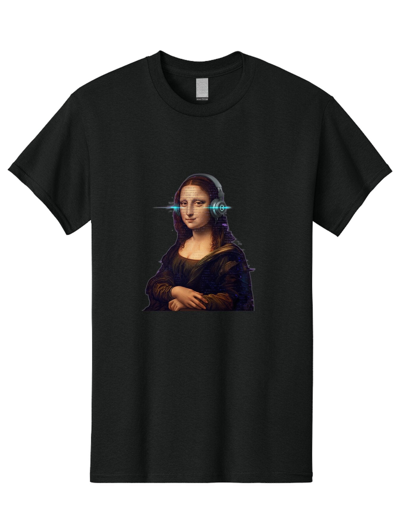 Mona-Lisa-With-Headphones-3 Men'S Graphic Tee, 100% Cotton, Comfortable Casual Summer Wear, Machine Washable, Vintage Camera, Old Camera, Antique Camera, Black Camera, Classic Photography, Photography Equipment, Nostalgic Device, Film Camera, Bam909