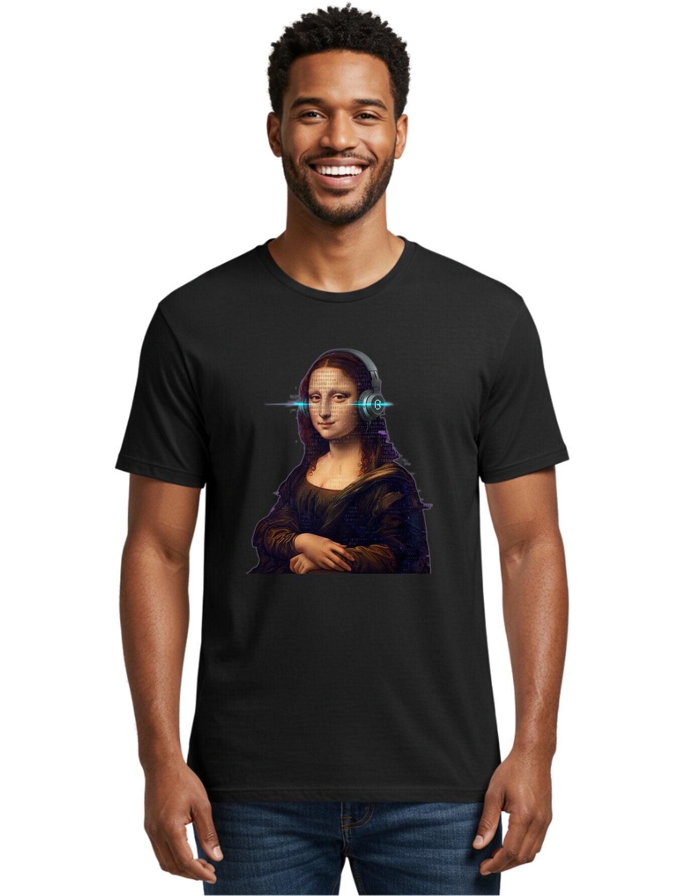Mona-Lisa-With-Headphones-3 Men'S Graphic Tee, 100% Cotton, Comfortable Casual Summer Wear, Machine Washable, Vintage Camera, Old Camera, Antique Camera, Black Camera, Classic Photography, Photography Equipment, Nostalgic Device, Film Camera, Bam909 19