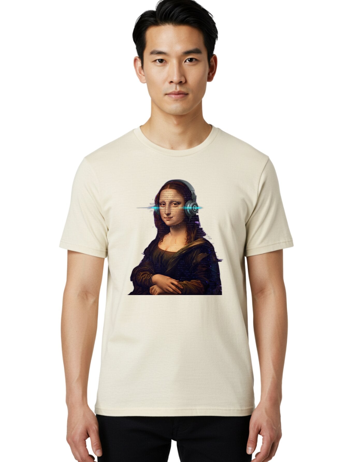 Mona-Lisa-With-Headphones-3 Men'S Graphic Tee, 100% Cotton, Comfortable Casual Summer Wear, Machine Washable, Vintage Camera, Old Camera, Antique Camera, Black Camera, Classic Photography, Photography Equipment, Nostalgic Device, Film Camera, Bam909 20