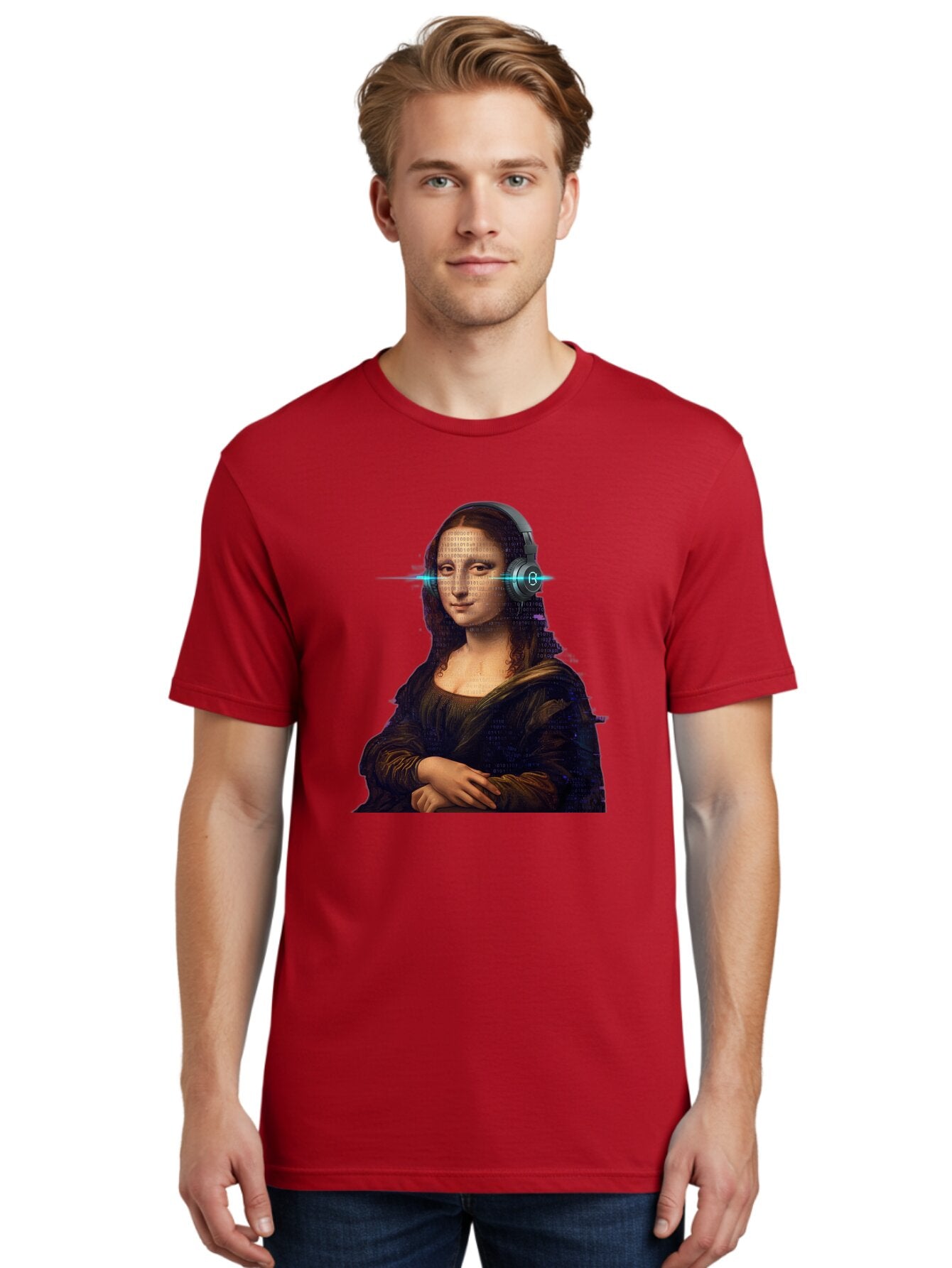 Mona-Lisa-With-Headphones-3 Men'S Graphic Tee, 100% Cotton, Comfortable Casual Summer Wear, Machine Washable, Vintage Camera, Old Camera, Antique Camera, Black Camera, Classic Photography, Photography Equipment, Nostalgic Device, Film Camera, Bam909 17