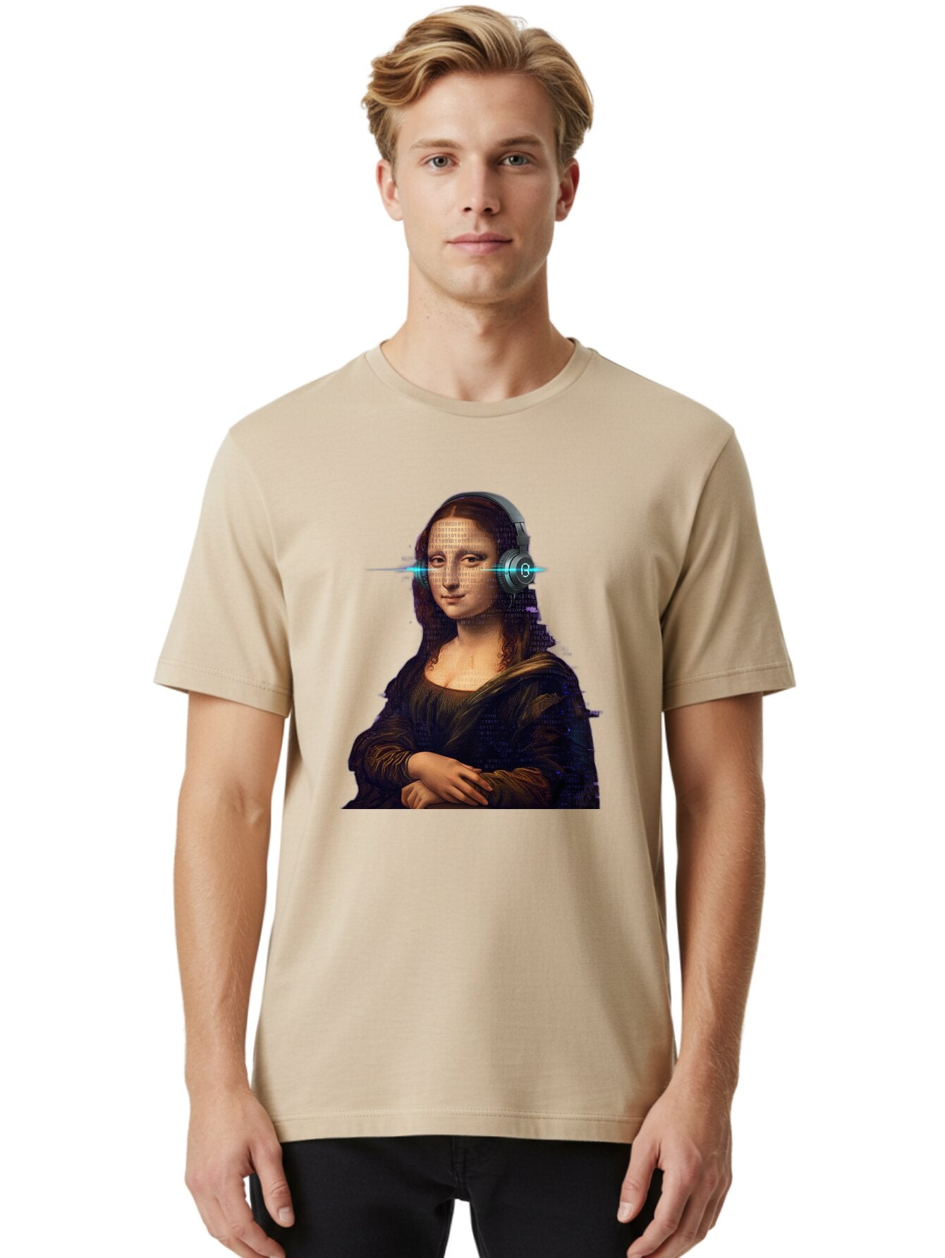 Mona-Lisa-With-Headphones-3 Men'S Graphic Tee, 100% Cotton, Comfortable Casual Summer Wear, Machine Washable, Vintage Camera, Old Camera, Antique Camera, Black Camera, Classic Photography, Photography Equipment, Nostalgic Device, Film Camera, Bam909 23