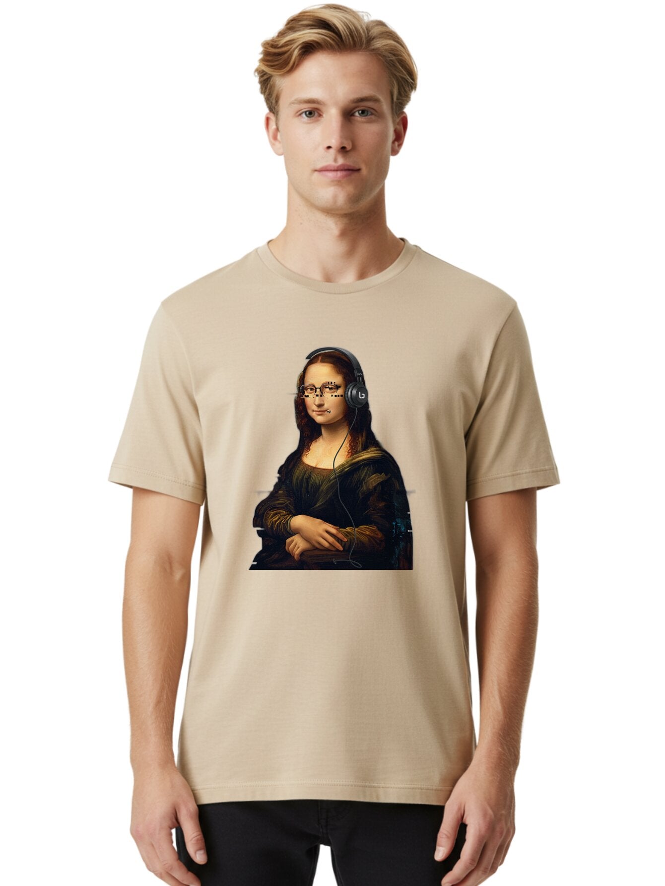 Mona-Lisa-With-Headphones-4 Men'S Graphic Tee, 100% Cotton, Comfortable Casual Summer Wear, Machine Washable, Vintage Camera, Old Camera, Antique Camera, Black Camera, Classic Photography, Photography Equipment, Nostalgic Device, Film Camera, Bam910 22