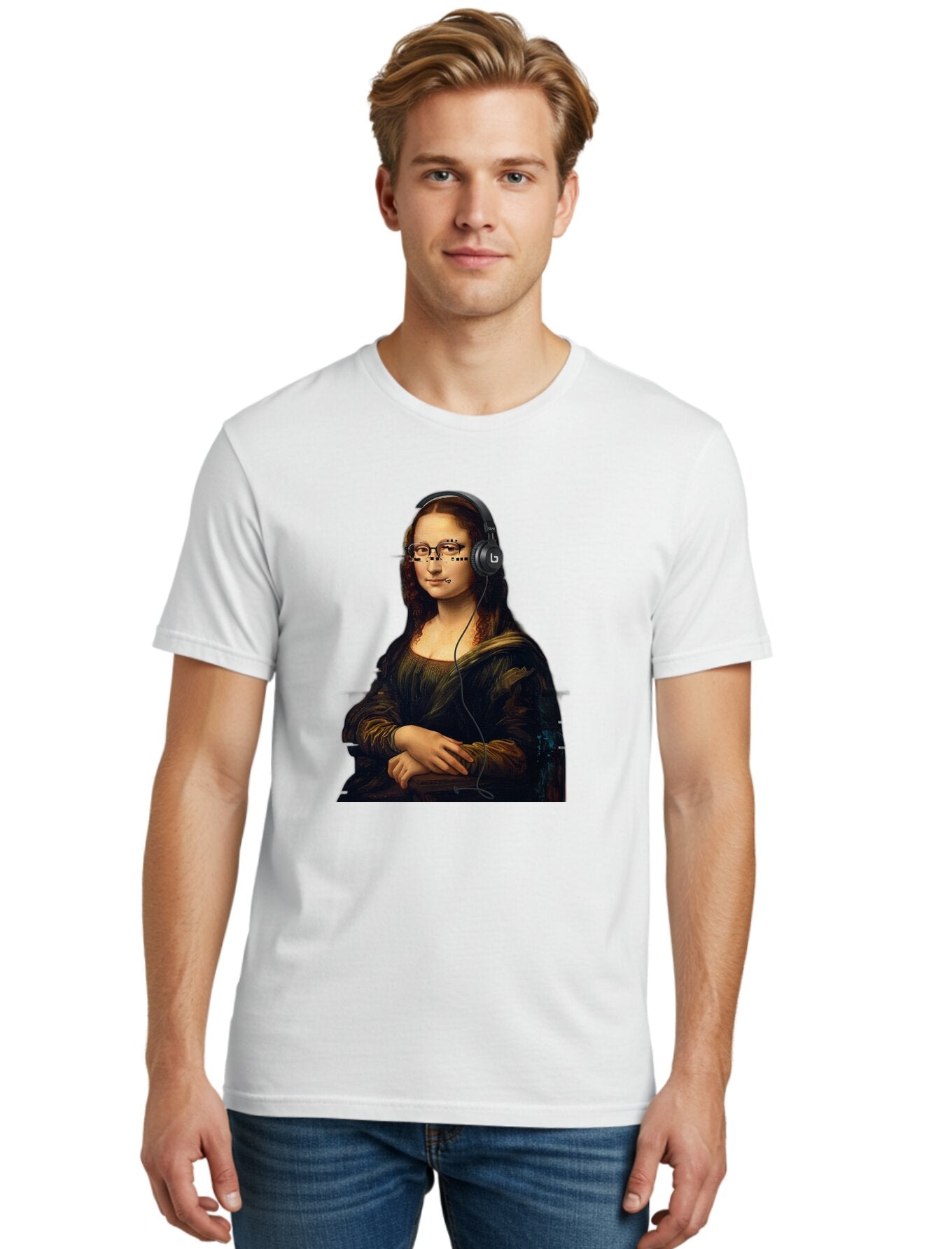 Mona-Lisa-With-Headphones-4 Men'S Graphic Tee, 100% Cotton, Comfortable Casual Summer Wear, Machine Washable, Vintage Camera, Old Camera, Antique Camera, Black Camera, Classic Photography, Photography Equipment, Nostalgic Device, Film Camera, Bam910 19