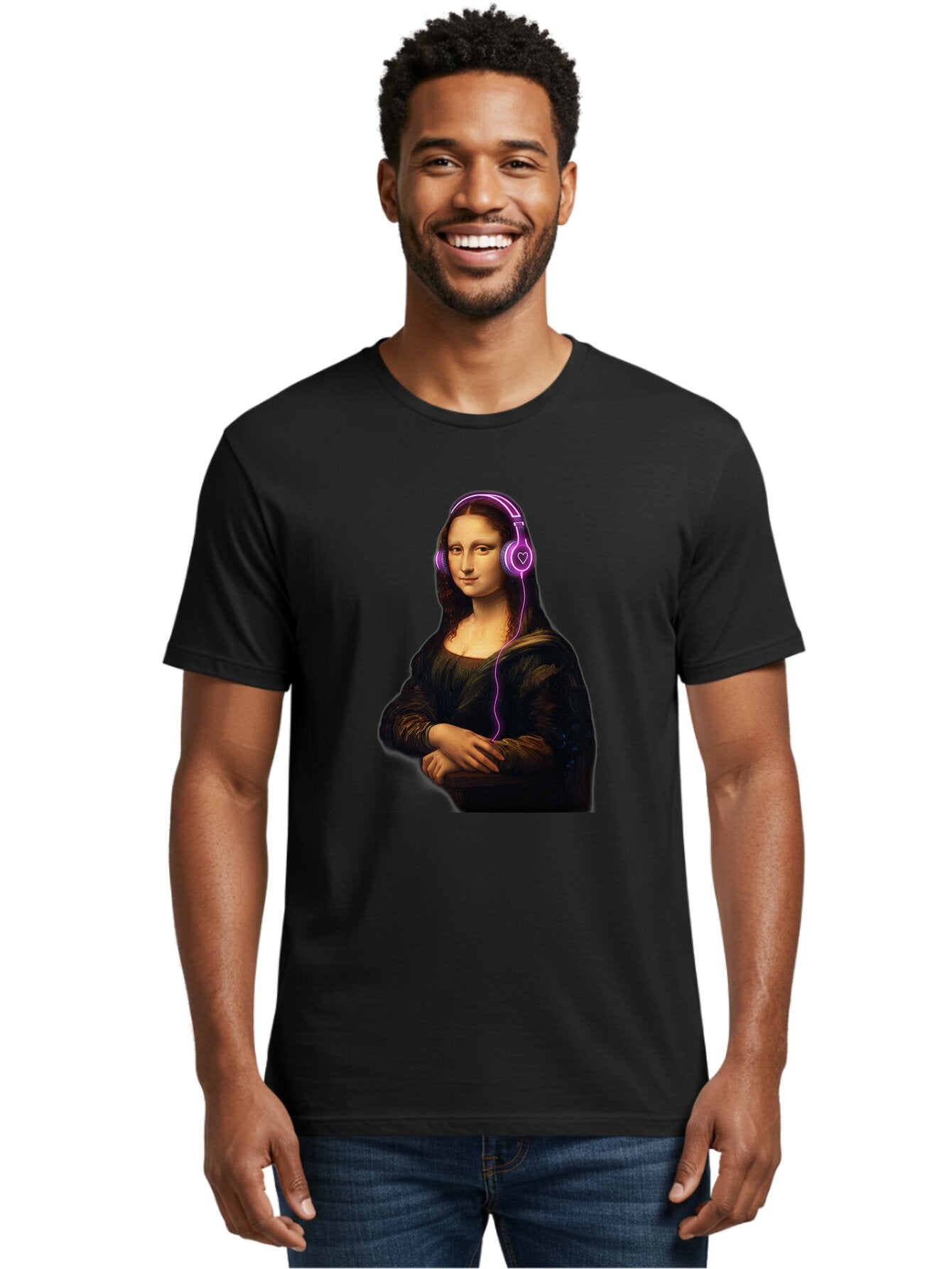 Mona-Lisa-With-Headphones Men'S Graphic Tee, 100% Cotton, Comfortable Casual Summer Wear, Machine Washable, Vintage Camera, Old Camera, Antique Camera, Black Camera, Classic Photography, Photography Equipment, Nostalgic Device, Film Camera, Bam912 28