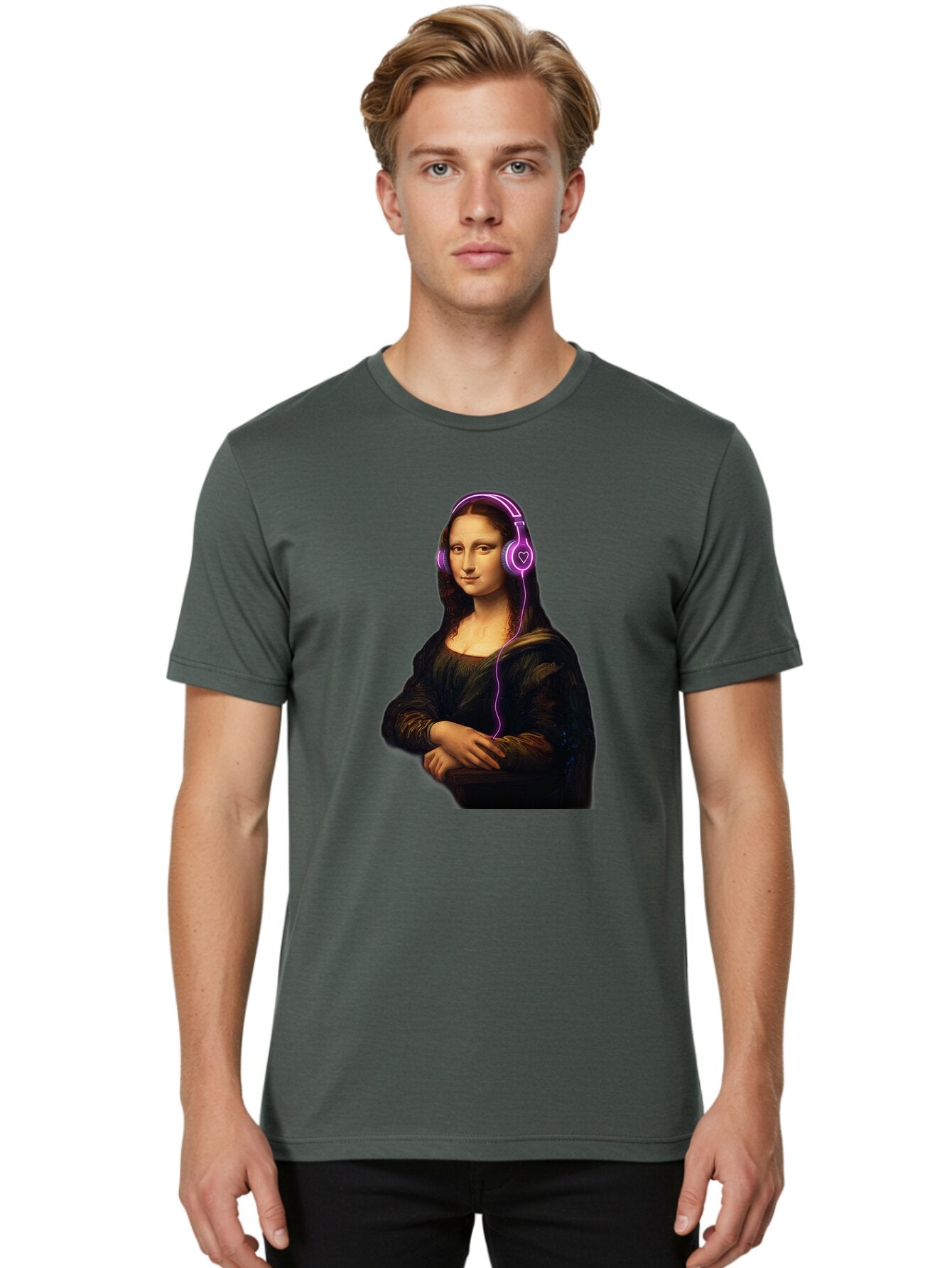 Mona-Lisa-With-Headphones Men'S Graphic Tee, 100% Cotton, Comfortable Casual Summer Wear, Machine Washable, Vintage Camera, Old Camera, Antique Camera, Black Camera, Classic Photography, Photography Equipment, Nostalgic Device, Film Camera, Bam912 20