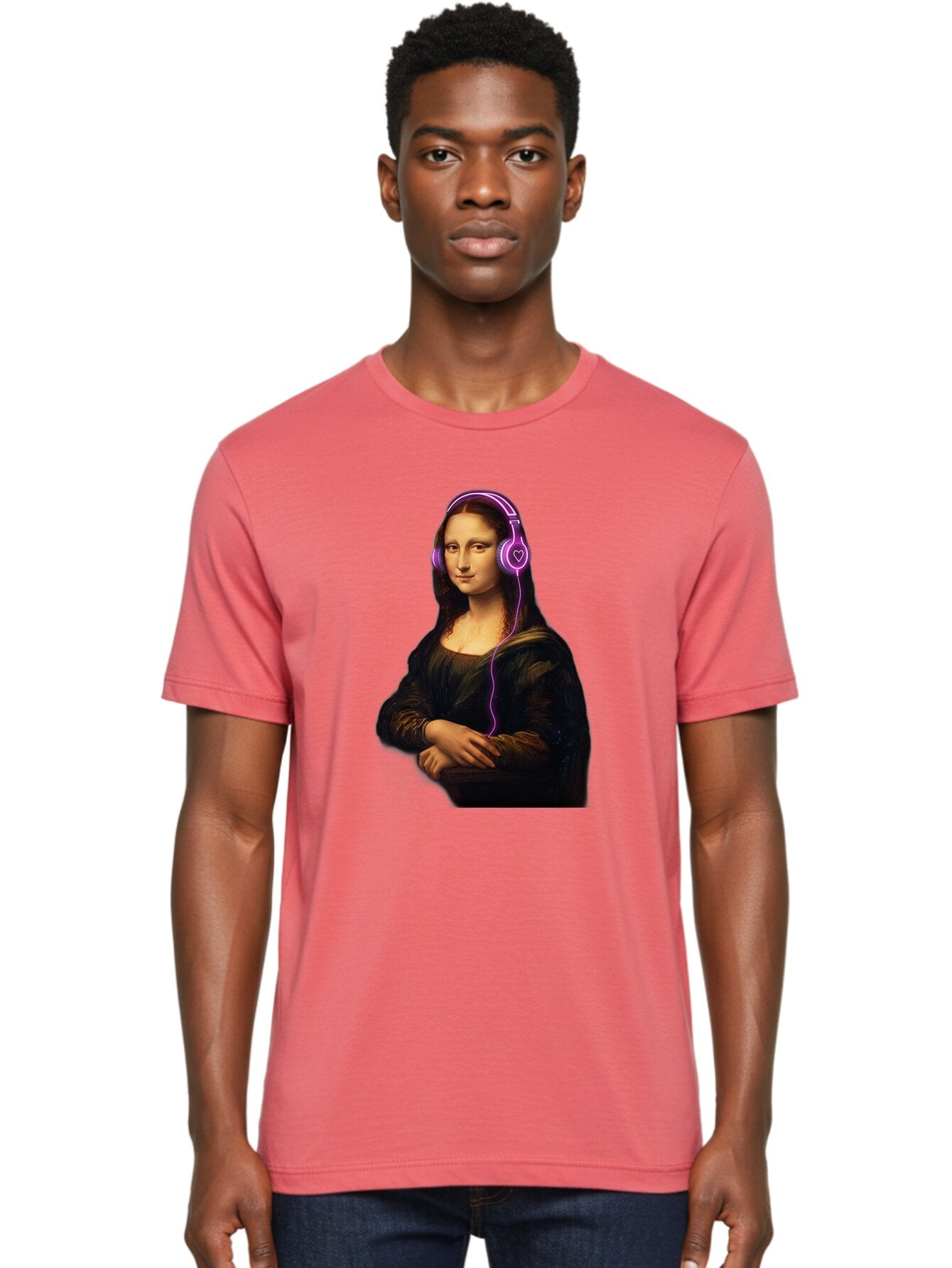 Mona-Lisa-With-Headphones Men'S Graphic Tee, 100% Cotton, Comfortable Casual Summer Wear, Machine Washable, Vintage Camera, Old Camera, Antique Camera, Black Camera, Classic Photography, Photography Equipment, Nostalgic Device, Film Camera, Bam912 18