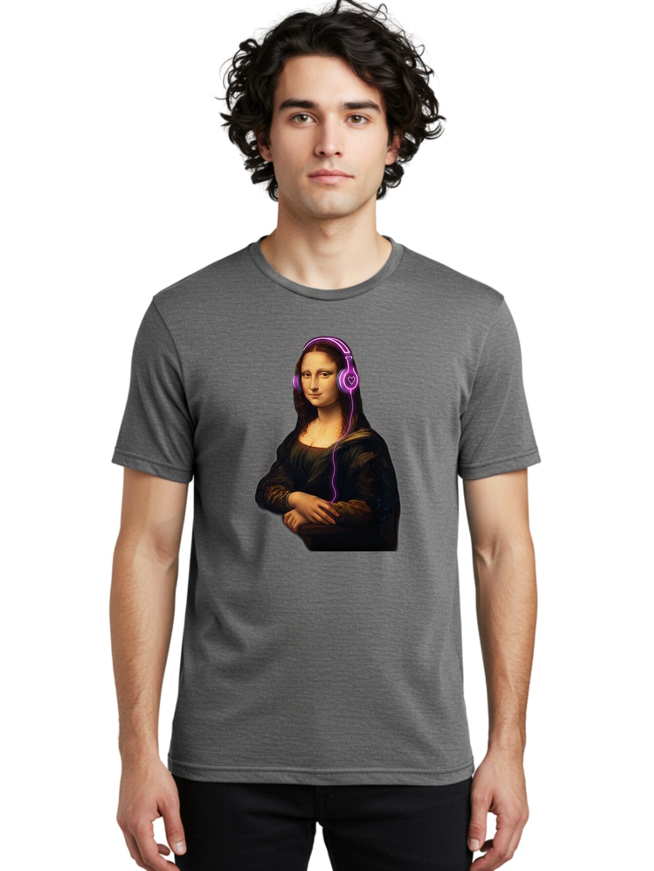 Mona-Lisa-With-Headphones Men'S Graphic Tee, 100% Cotton, Comfortable Casual Summer Wear, Machine Washable, Vintage Camera, Old Camera, Antique Camera, Black Camera, Classic Photography, Photography Equipment, Nostalgic Device, Film Camera, Bam912 16