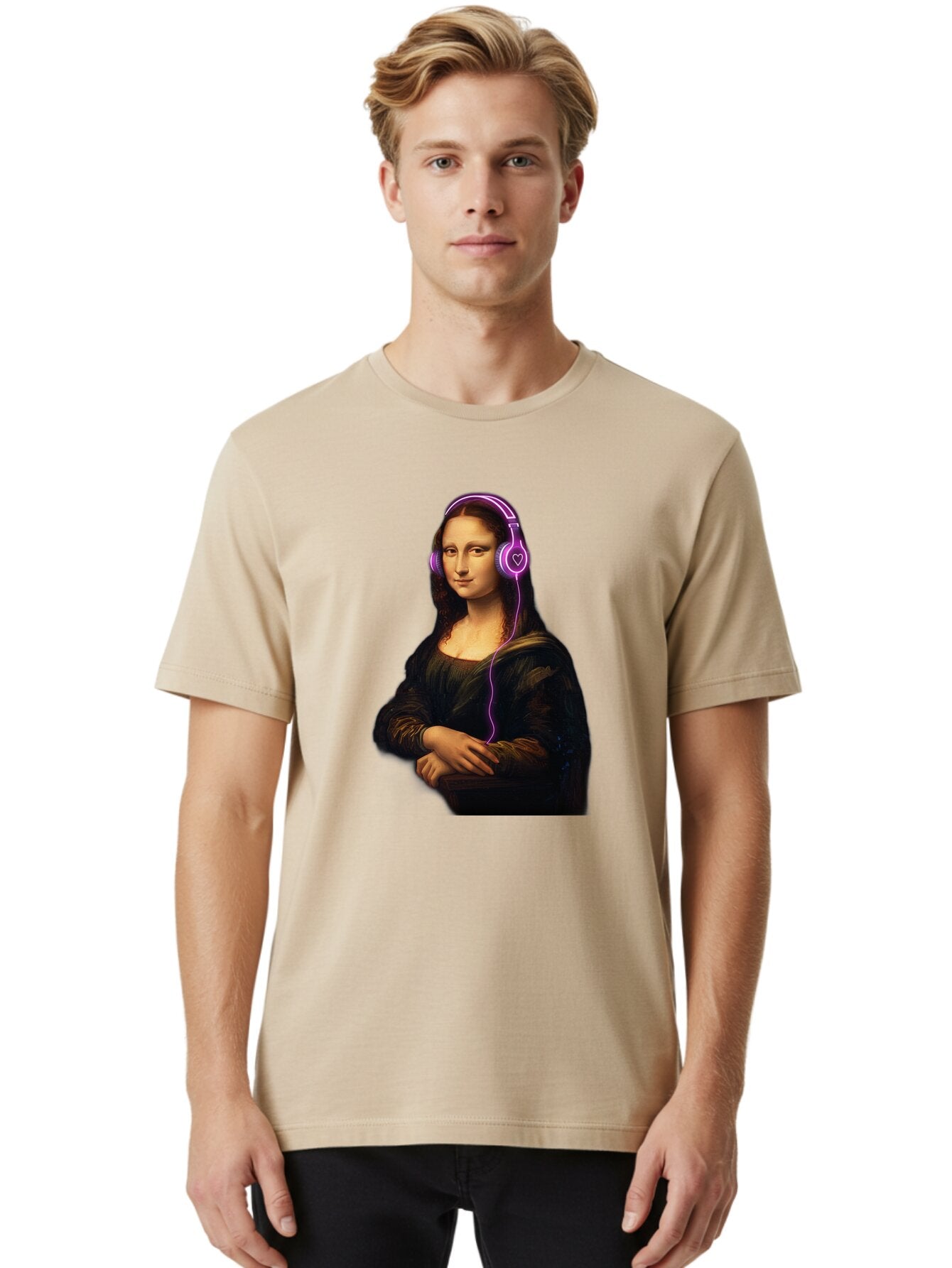 Mona-Lisa-With-Headphones Men'S Graphic Tee, 100% Cotton, Comfortable Casual Summer Wear, Machine Washable, Vintage Camera, Old Camera, Antique Camera, Black Camera, Classic Photography, Photography Equipment, Nostalgic Device, Film Camera, Bam912 17