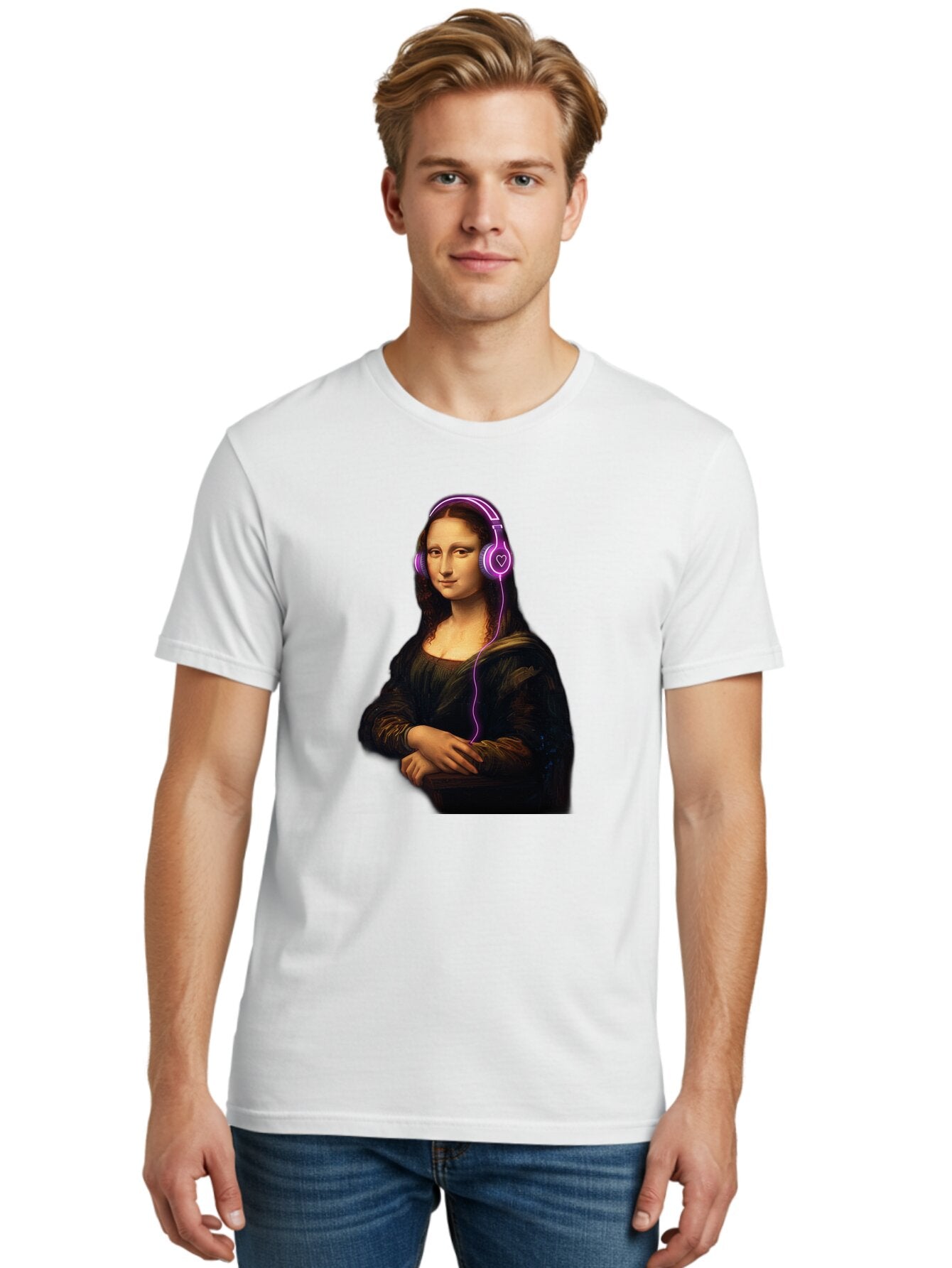 Mona-Lisa-With-Headphones Men'S Graphic Tee, 100% Cotton, Comfortable Casual Summer Wear, Machine Washable, Vintage Camera, Old Camera, Antique Camera, Black Camera, Classic Photography, Photography Equipment, Nostalgic Device, Film Camera, Bam912 29