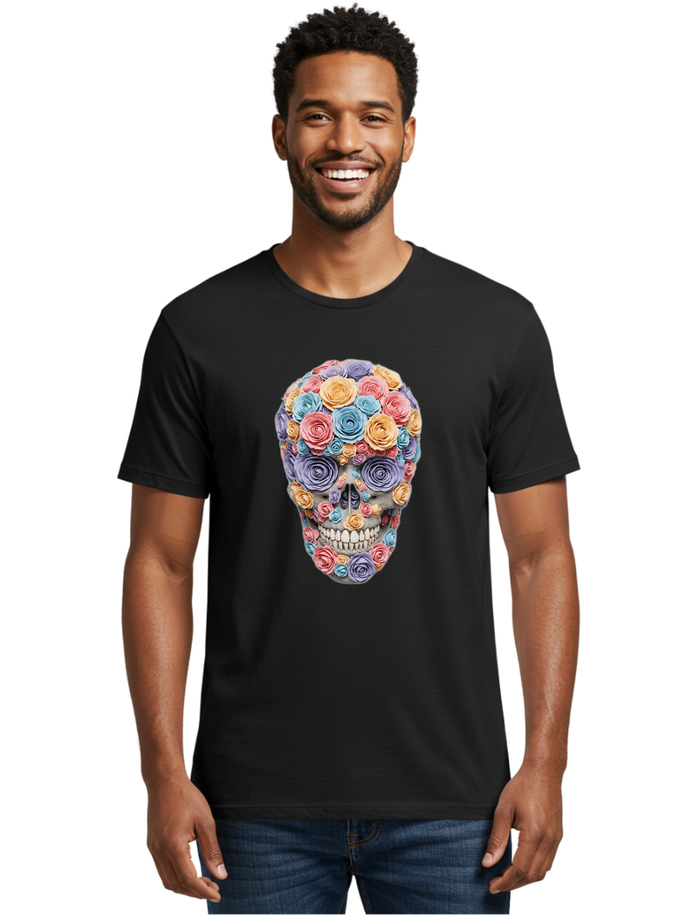 Multicolor-Floral-Skull-1 Men'S Graphic Tee, 100% Cotton, Comfortable Casual Summer Wear, Machine Washable, Vintage Camera, Old Camera, Antique Camera, Black Camera, Classic Photography, Photography Equipment, Nostalgic Device, Film Camera, Bam957 17