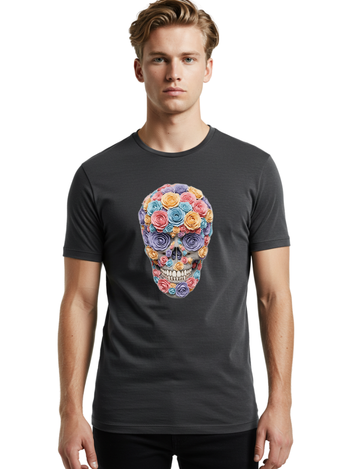 Multicolor-Floral-Skull-1 Men'S Graphic Tee, 100% Cotton, Comfortable Casual Summer Wear, Machine Washable, Vintage Camera, Old Camera, Antique Camera, Black Camera, Classic Photography, Photography Equipment, Nostalgic Device, Film Camera, Bam957 21