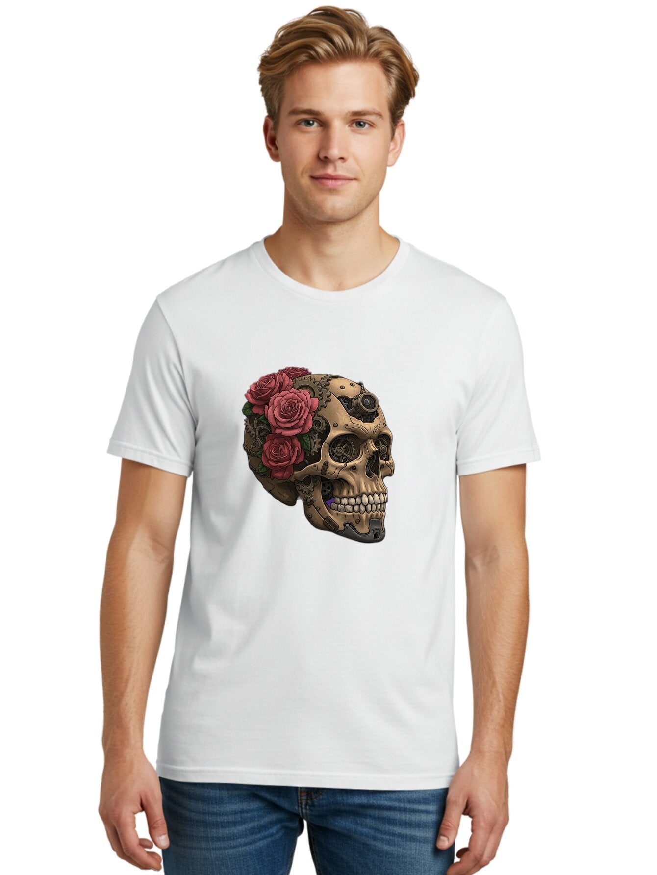 Skull-With-Red-Roses-1 Men'S Graphic Tee, 100% Cotton, Comfortable Casual Summer Wear, Machine Washable, Vintage Camera, Old Camera, Antique Camera, Black Camera, Classic Photography, Photography Equipment, Nostalgic Device, Film Camera, Ban488 16