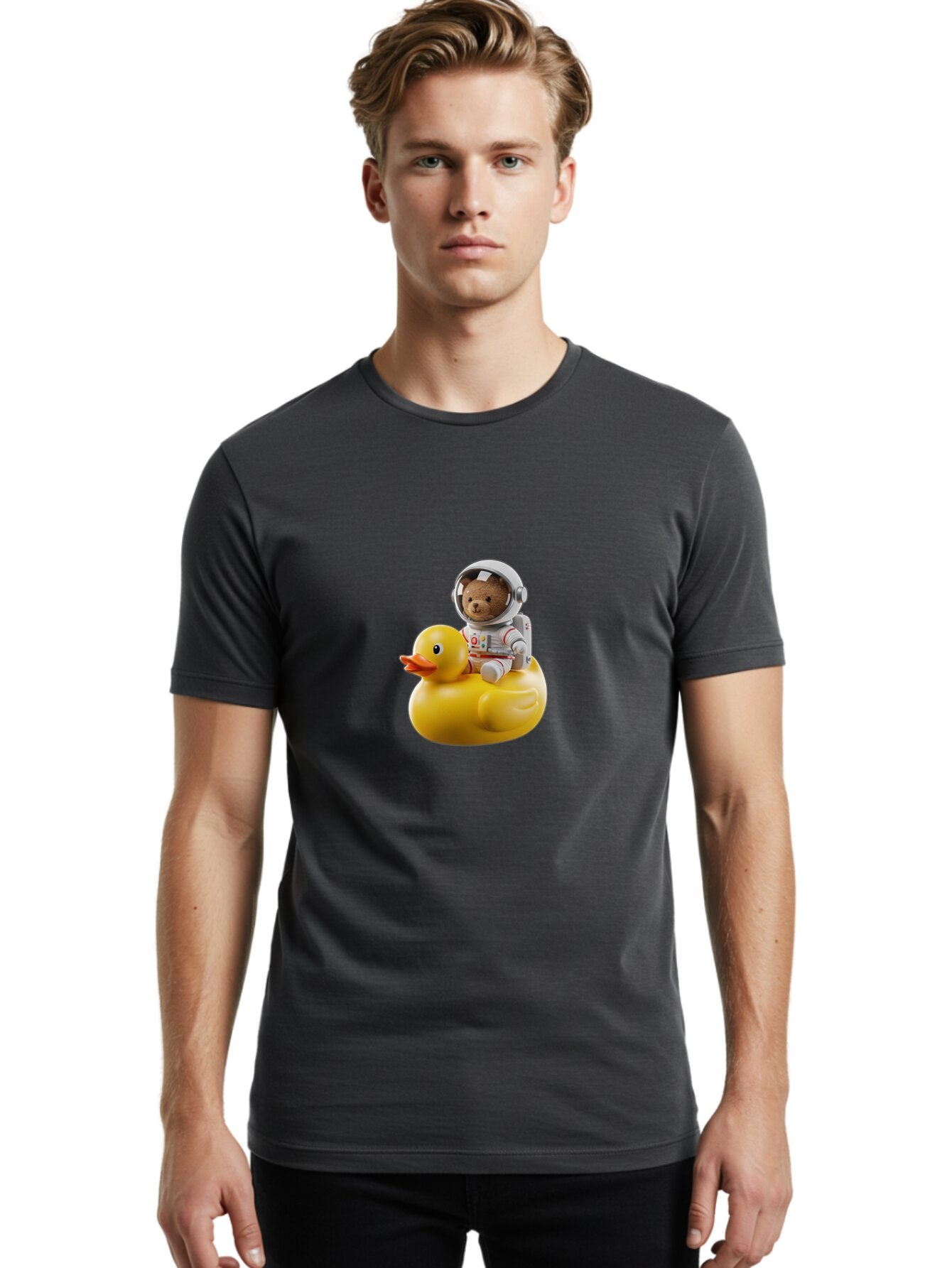 Teddy-In-Space-Suit-On-Rubber-Duck Men'S Graphic Tee, 100% Cotton, Comfortable Casual Summer Wear, Machine Washable, Vintage Camera, Old Camera, Antique Camera, Black Camera, Classic Photography, Photography Equipment, Nostalgic Device, Ban726 25