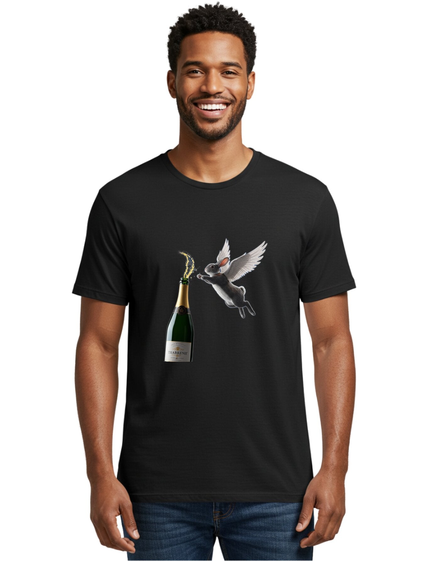 Thabrent-Champagne-Bottle-And-Flying-Bunny Men'S Graphic Tee, 100% Cotton, Comfortable Casual Summer Wear, Machine Washable, Vintage Camera, Old Camera, Antique Camera, Black Camera, Classic Photography, Photography Equipment, Ban737 23