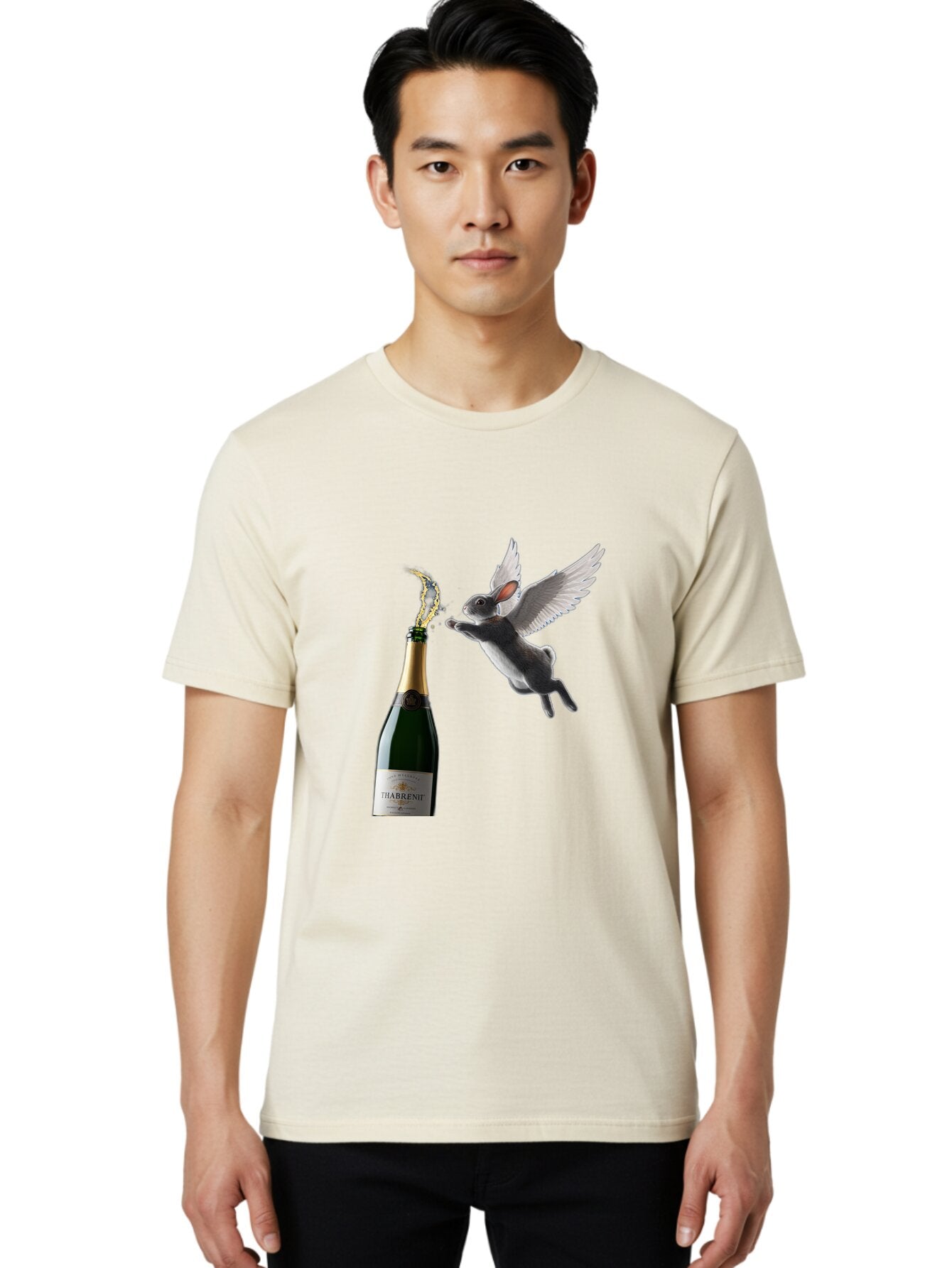 Thabrent-Champagne-Bottle-And-Flying-Bunny Men'S Graphic Tee, 100% Cotton, Comfortable Casual Summer Wear, Machine Washable, Vintage Camera, Old Camera, Antique Camera, Black Camera, Classic Photography, Photography Equipment, Ban737 26