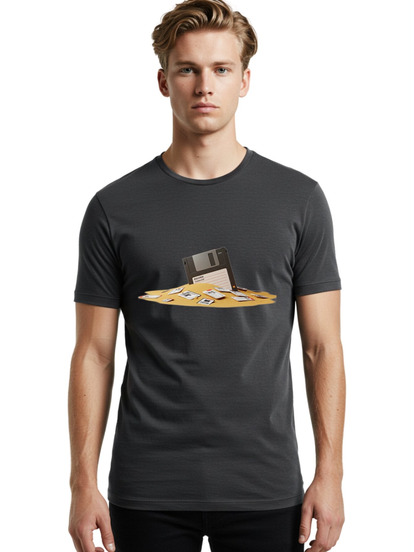Floppy-Disk-In-Desert-Sand Men'S Graphic Tee, 100% Cotton, Comfortable Casual Summer Wear, Machine Washable, Vintage Camera, Old Camera, Antique Camera, Black Camera, Classic Photography, Photography Equipment, Nostalgic Device, Film Camera, Bao421 27