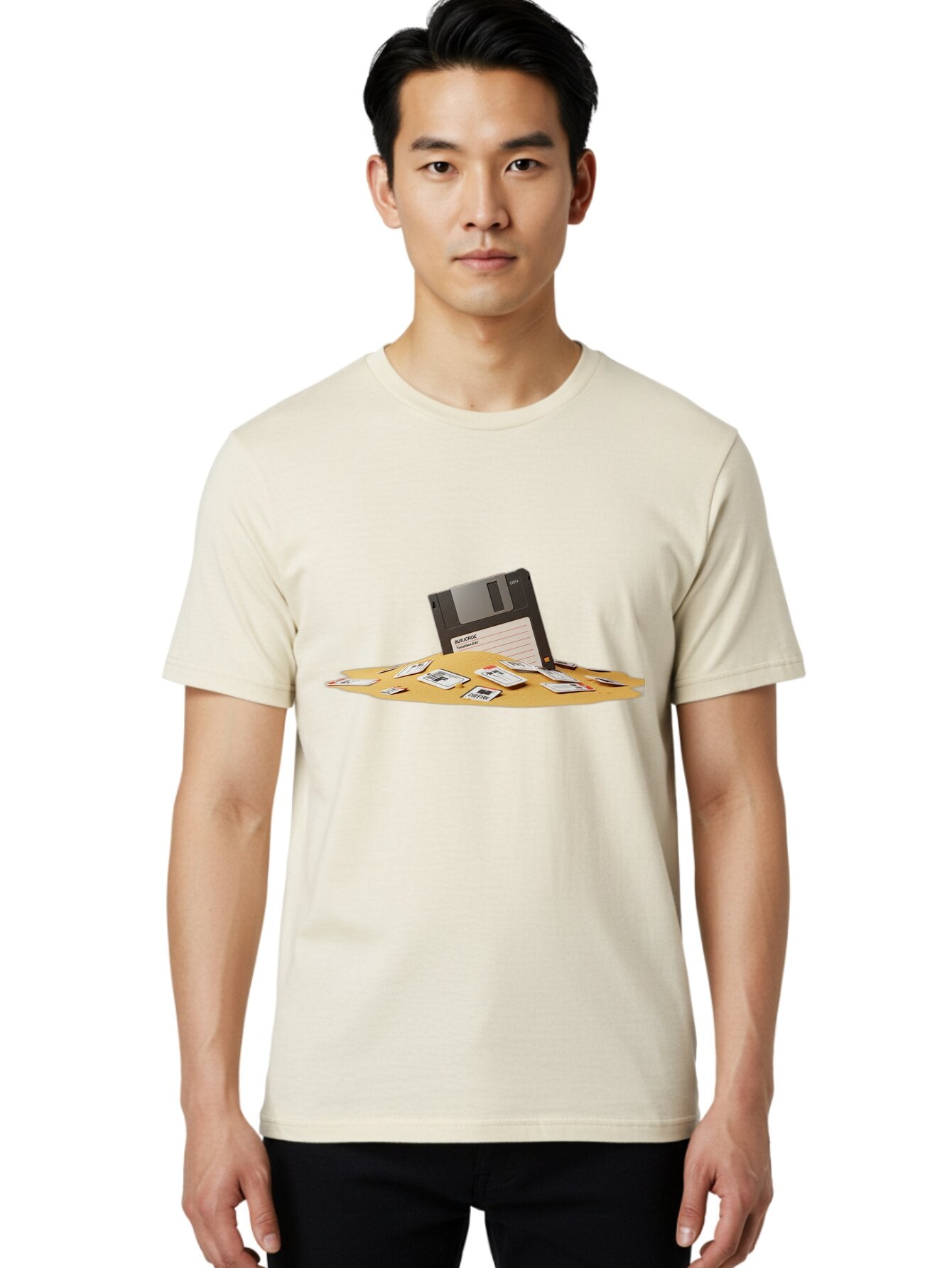 Floppy-Disk-In-Desert-Sand Men'S Graphic Tee, 100% Cotton, Comfortable Casual Summer Wear, Machine Washable, Vintage Camera, Old Camera, Antique Camera, Black Camera, Classic Photography, Photography Equipment, Nostalgic Device, Film Camera, Bao421 21