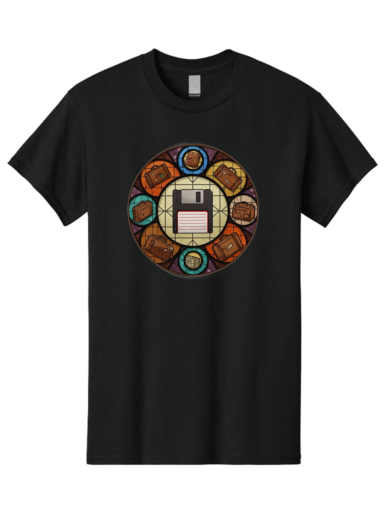 Floppy-Disk-Stained-Glass Men'S Graphic Tee, 100% Cotton, Comfortable Casual Summer Wear, Machine Washable, Vintage Camera, Old Camera, Antique Camera, Black Camera, Classic Photography, Photography Equipment, Nostalgic Device, Film Camera, Bao426