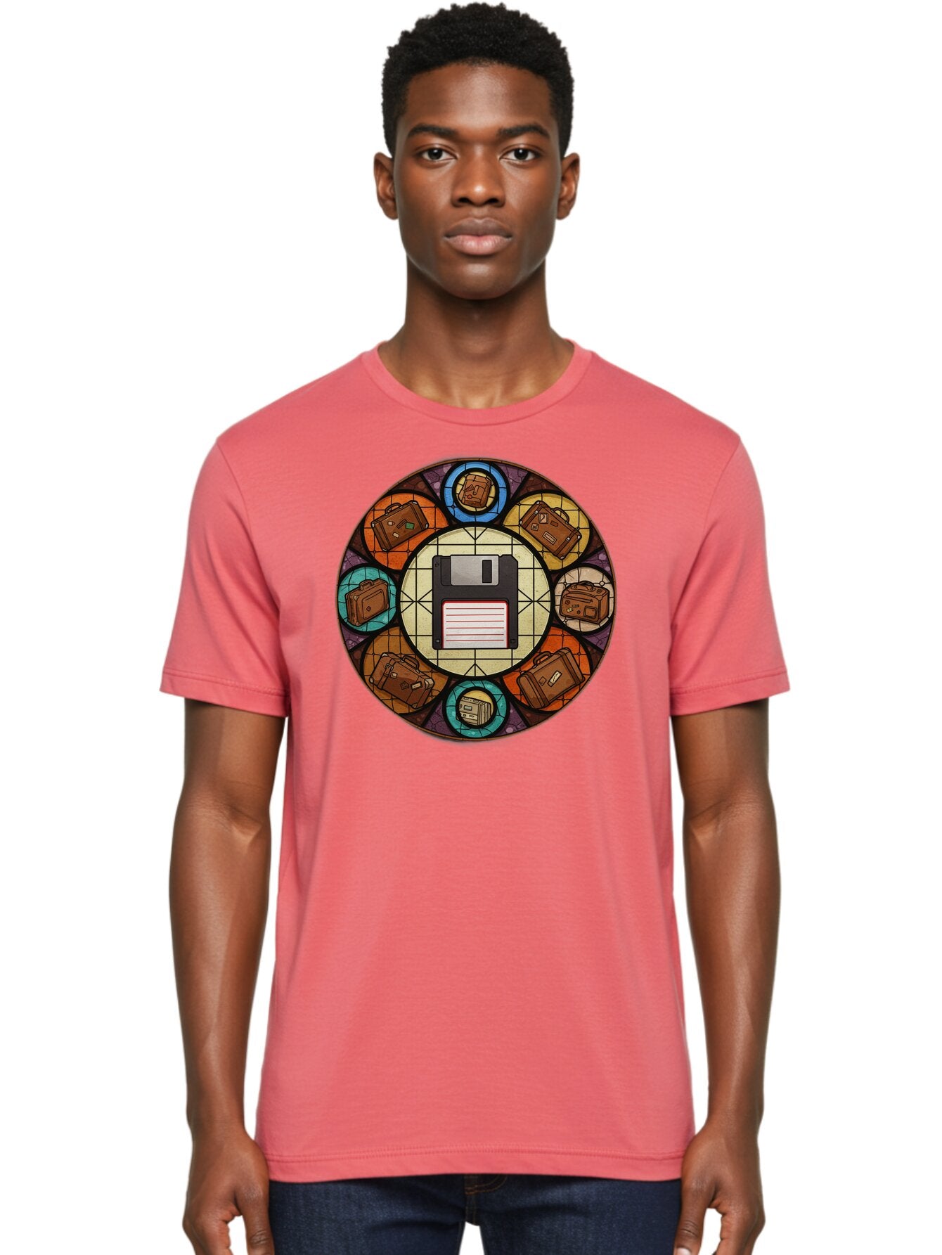 Floppy-Disk-Stained-Glass Men'S Graphic Tee, 100% Cotton, Comfortable Casual Summer Wear, Machine Washable, Vintage Camera, Old Camera, Antique Camera, Black Camera, Classic Photography, Photography Equipment, Nostalgic Device, Film Camera, Bao426 22