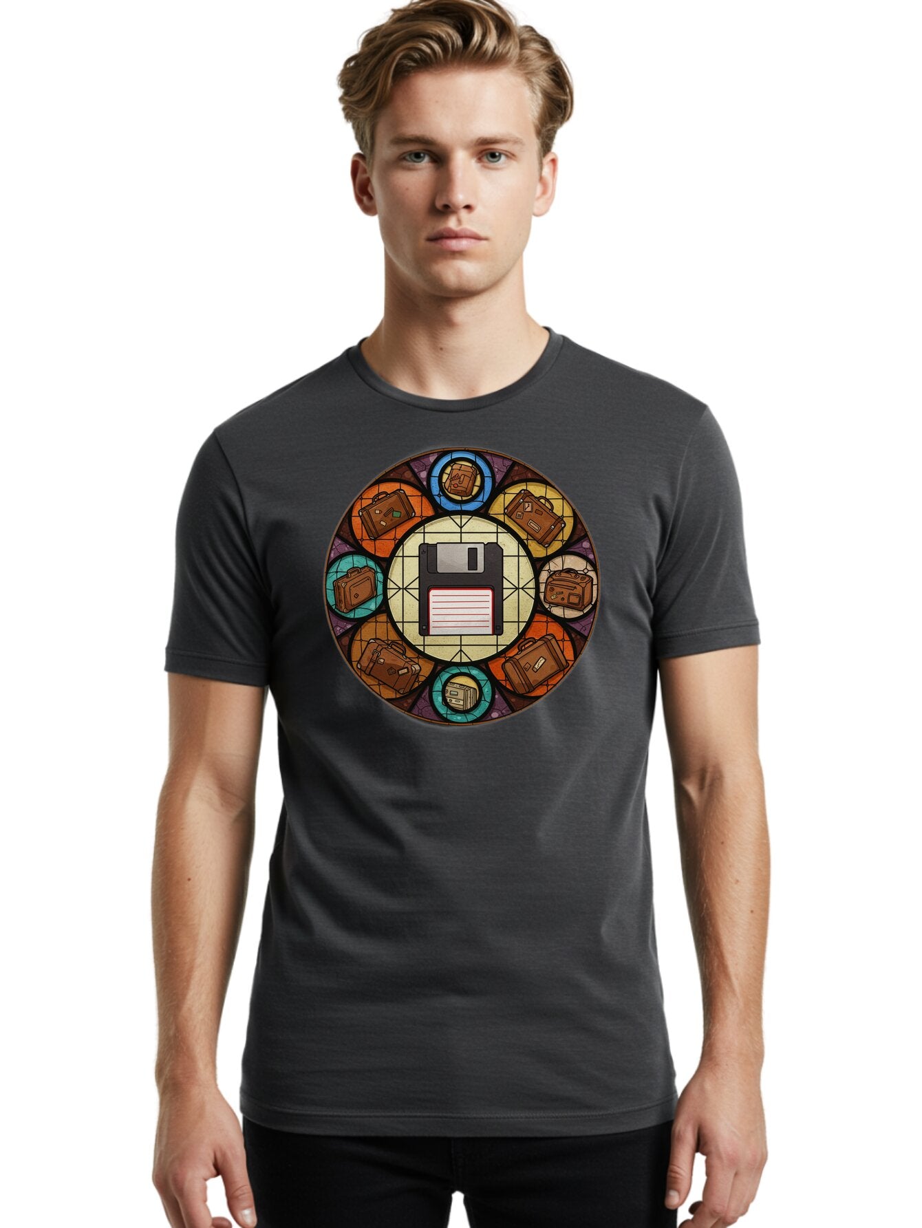 Floppy-Disk-Stained-Glass Men'S Graphic Tee, 100% Cotton, Comfortable Casual Summer Wear, Machine Washable, Vintage Camera, Old Camera, Antique Camera, Black Camera, Classic Photography, Photography Equipment, Nostalgic Device, Film Camera, Bao426 29