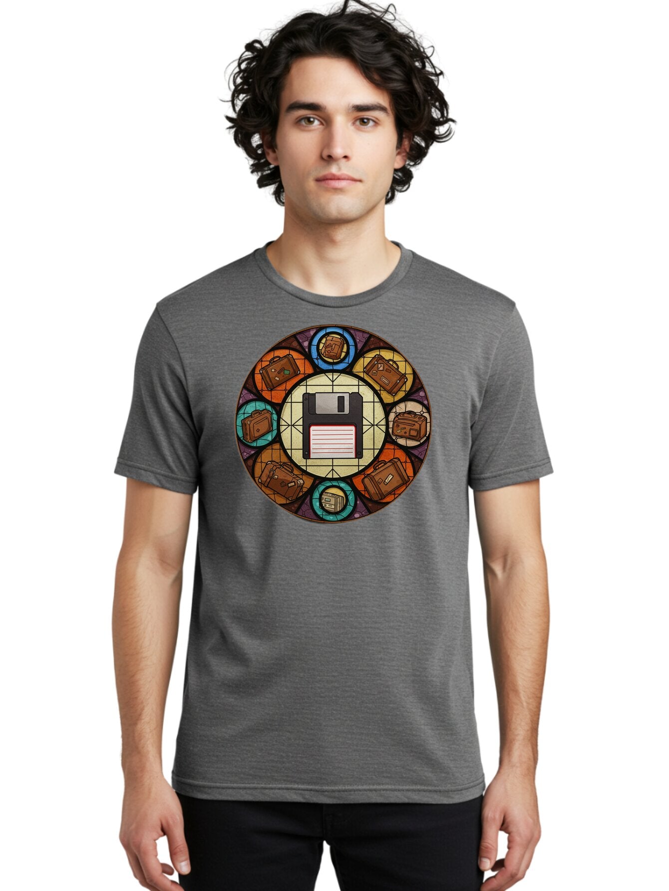 Floppy-Disk-Stained-Glass Men'S Graphic Tee, 100% Cotton, Comfortable Casual Summer Wear, Machine Washable, Vintage Camera, Old Camera, Antique Camera, Black Camera, Classic Photography, Photography Equipment, Nostalgic Device, Film Camera, Bao426 18