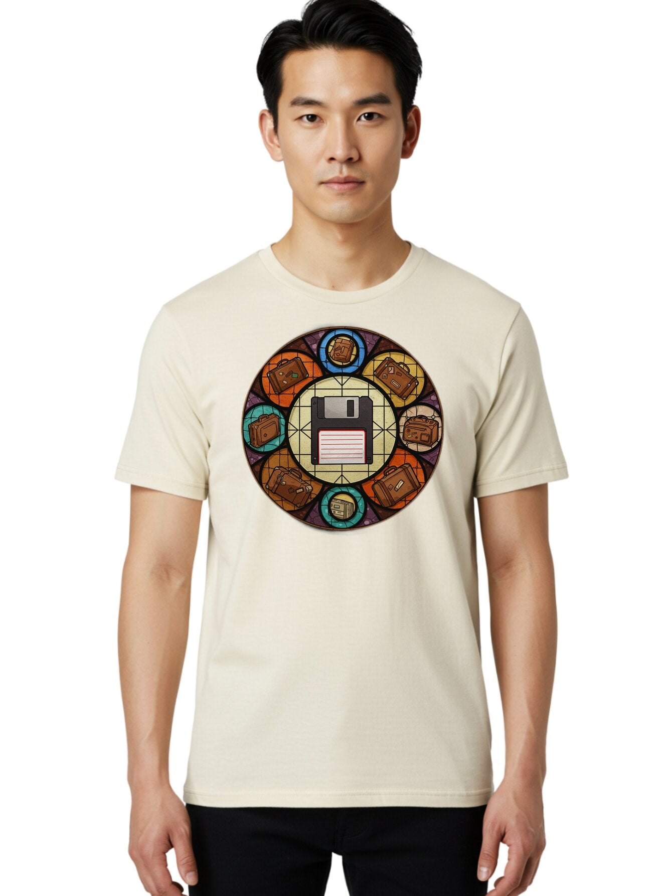Floppy-Disk-Stained-Glass Men'S Graphic Tee, 100% Cotton, Comfortable Casual Summer Wear, Machine Washable, Vintage Camera, Old Camera, Antique Camera, Black Camera, Classic Photography, Photography Equipment, Nostalgic Device, Film Camera, Bao426 30