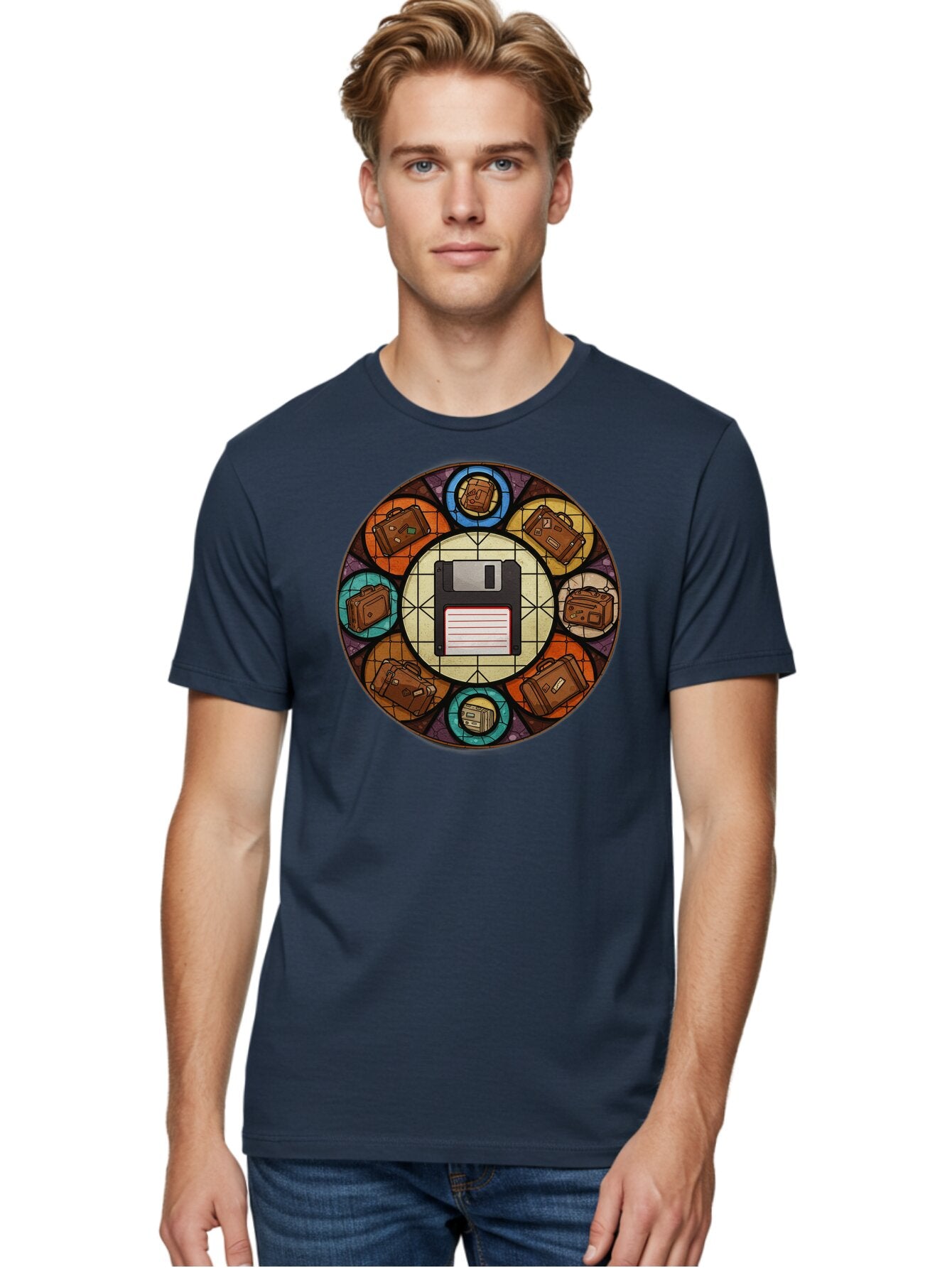 Floppy-Disk-Stained-Glass Men'S Graphic Tee, 100% Cotton, Comfortable Casual Summer Wear, Machine Washable, Vintage Camera, Old Camera, Antique Camera, Black Camera, Classic Photography, Photography Equipment, Nostalgic Device, Film Camera, Bao426 23