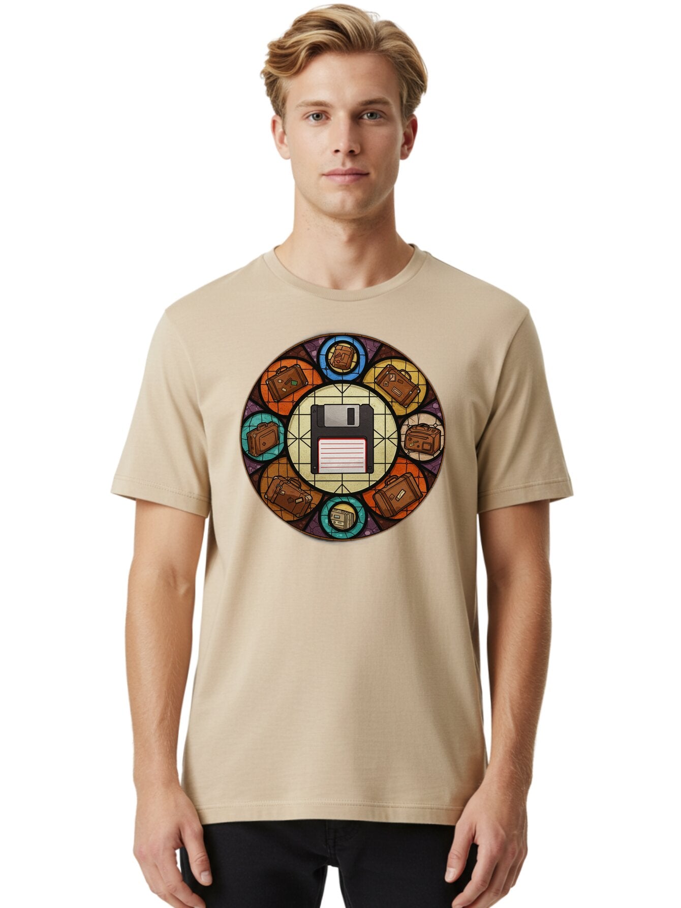 Floppy-Disk-Stained-Glass Men'S Graphic Tee, 100% Cotton, Comfortable Casual Summer Wear, Machine Washable, Vintage Camera, Old Camera, Antique Camera, Black Camera, Classic Photography, Photography Equipment, Nostalgic Device, Film Camera, Bao426 27