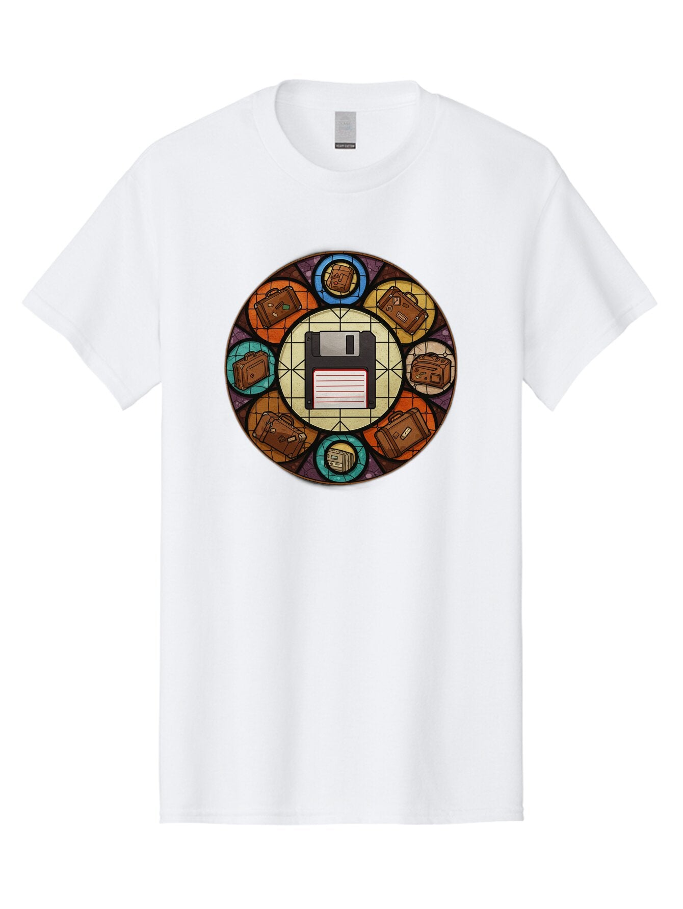 Floppy-Disk-Stained-Glass Men'S Graphic Tee, 100% Cotton, Comfortable Casual Summer Wear, Machine Washable, Vintage Camera, Old Camera, Antique Camera, Black Camera, Classic Photography, Photography Equipment, Nostalgic Device, Film Camera, Bao426