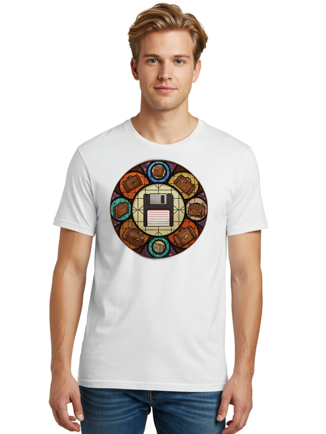 Floppy-Disk-Stained-Glass Men'S Graphic Tee, 100% Cotton, Comfortable Casual Summer Wear, Machine Washable, Vintage Camera, Old Camera, Antique Camera, Black Camera, Classic Photography, Photography Equipment, Nostalgic Device, Film Camera, Bao426 19