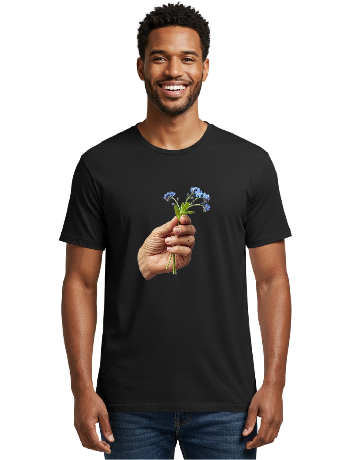 Hand-Holding-Blue-Flowers Men'S Graphic Tee, 100% Cotton, Comfortable Casual Summer Wear, Machine Washable, Vintage Camera, Old Camera, Antique Camera, Black Camera, Classic Photography, Photography Equipment, Nostalgic Device, Film Camera, Bao505 22