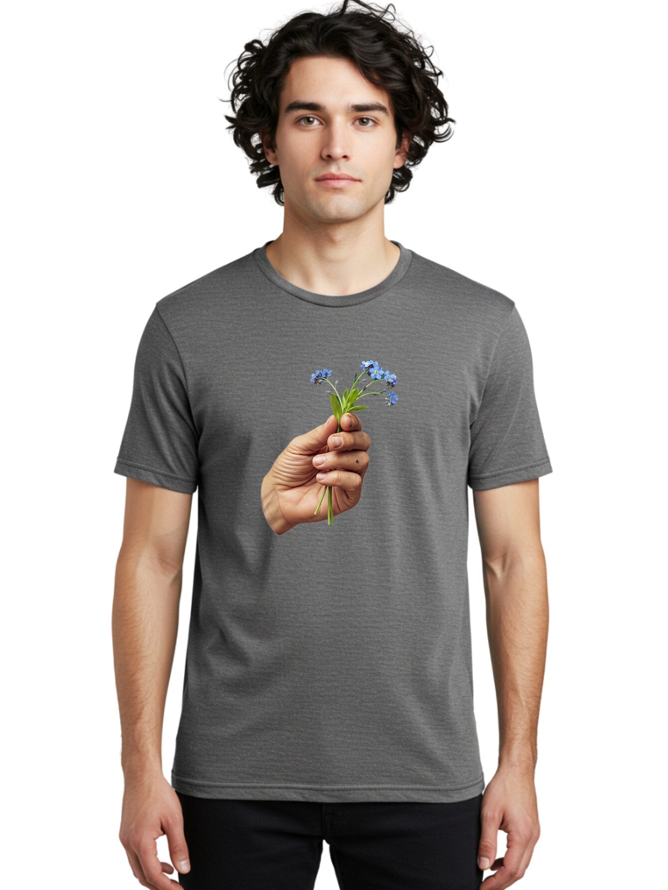 Hand-Holding-Blue-Flowers Men'S Graphic Tee, 100% Cotton, Comfortable Casual Summer Wear, Machine Washable, Vintage Camera, Old Camera, Antique Camera, Black Camera, Classic Photography, Photography Equipment, Nostalgic Device, Film Camera, Bao505 16