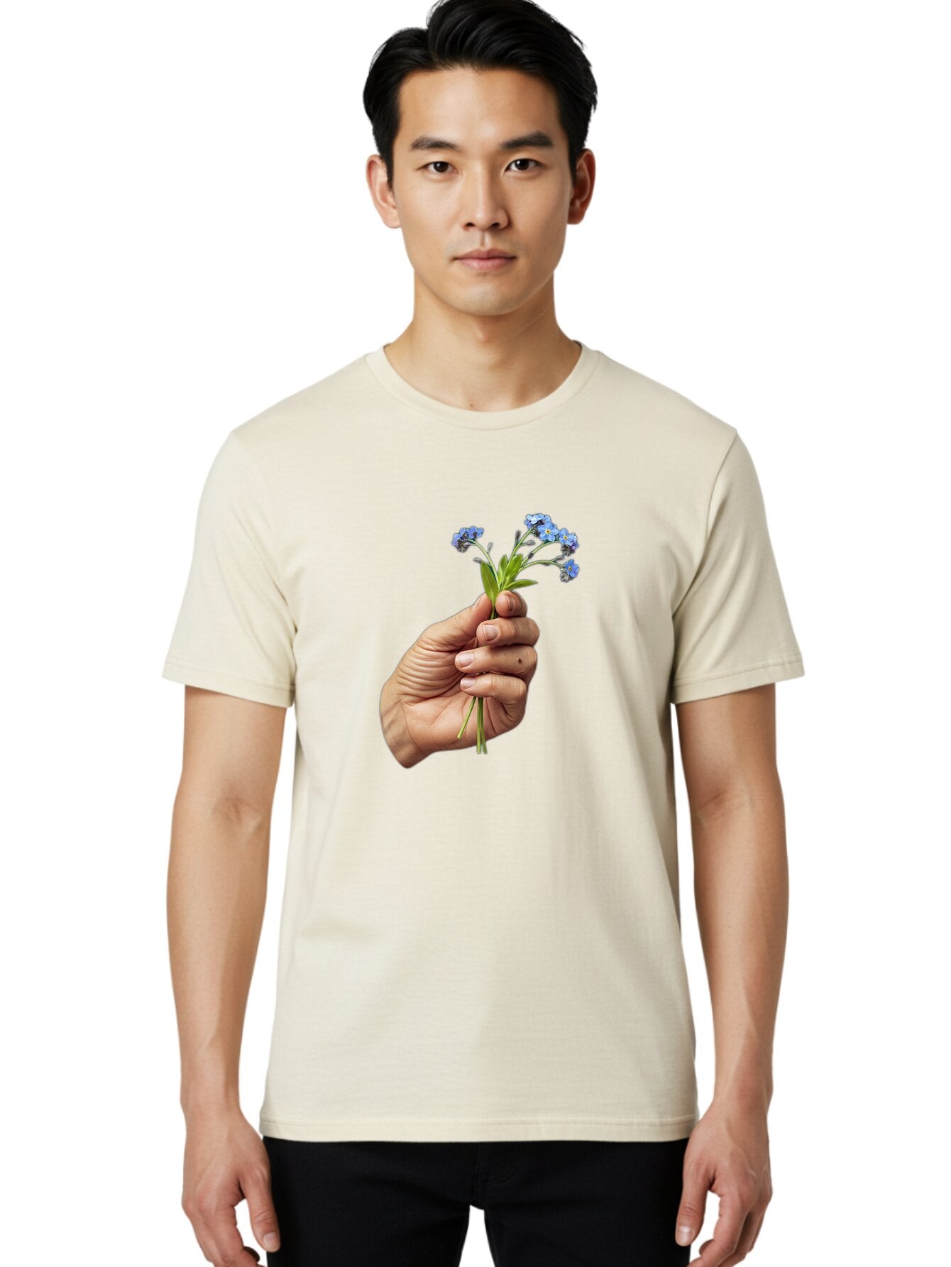 Hand-Holding-Blue-Flowers Men'S Graphic Tee, 100% Cotton, Comfortable Casual Summer Wear, Machine Washable, Vintage Camera, Old Camera, Antique Camera, Black Camera, Classic Photography, Photography Equipment, Nostalgic Device, Film Camera, Bao505 19
