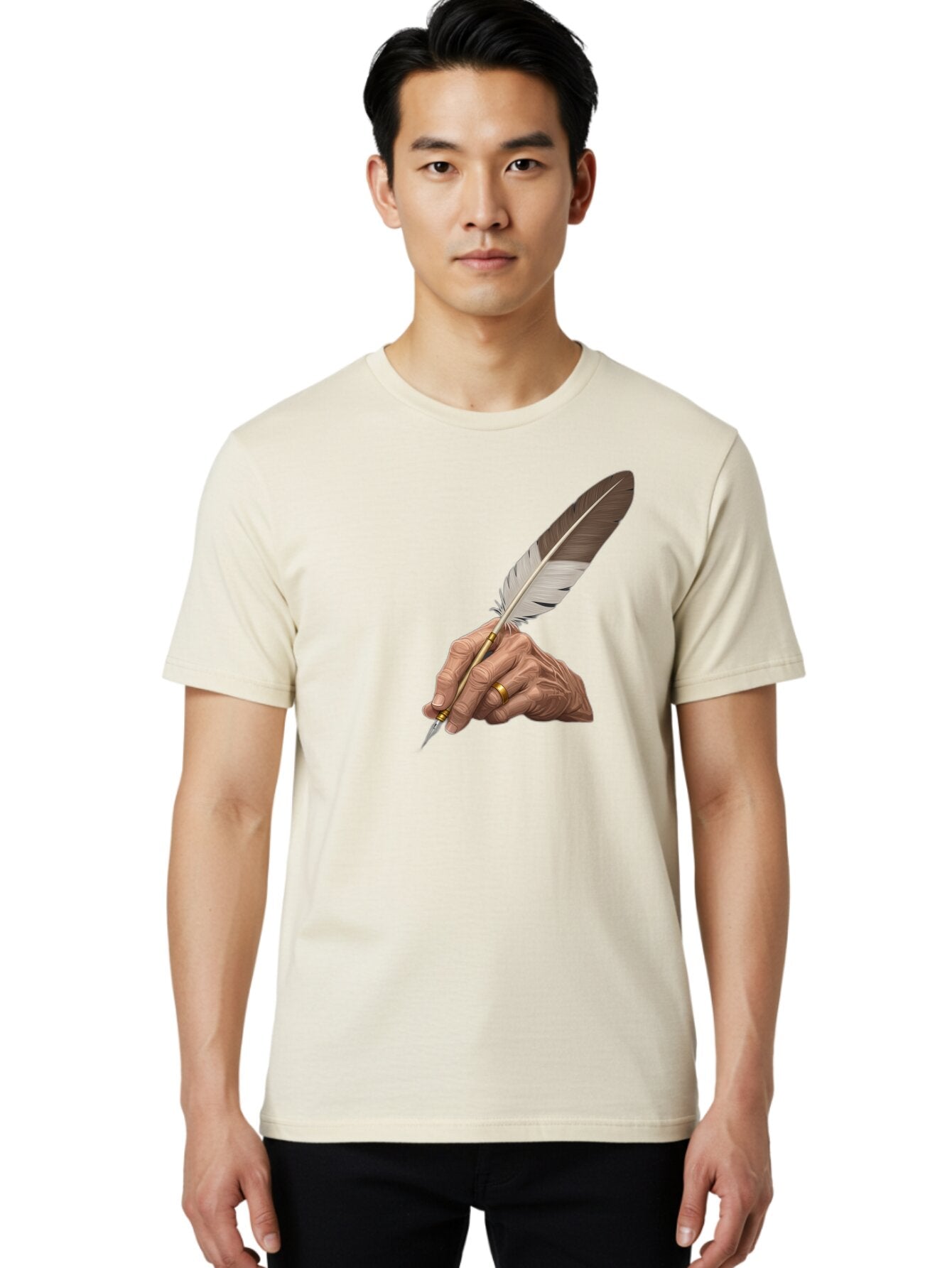 Hand-Holding-Quill-Pen Men'S Graphic Tee, 100% Cotton, Comfortable Casual Summer Wear, Machine Washable, Vintage Camera, Old Camera, Antique Camera, Black Camera, Classic Photography, Photography Equipment, Nostalgic Device, Film Camera, Bao510 21